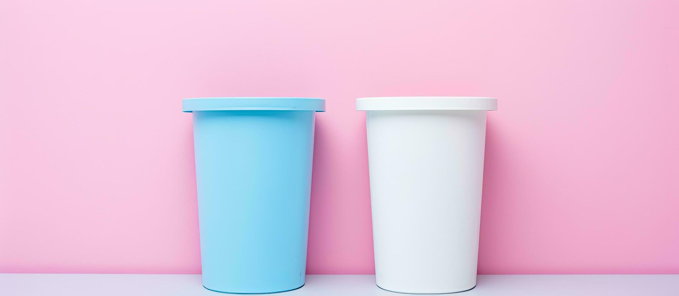 Photo of two coffee cups against a pink wall with copy space with copy space