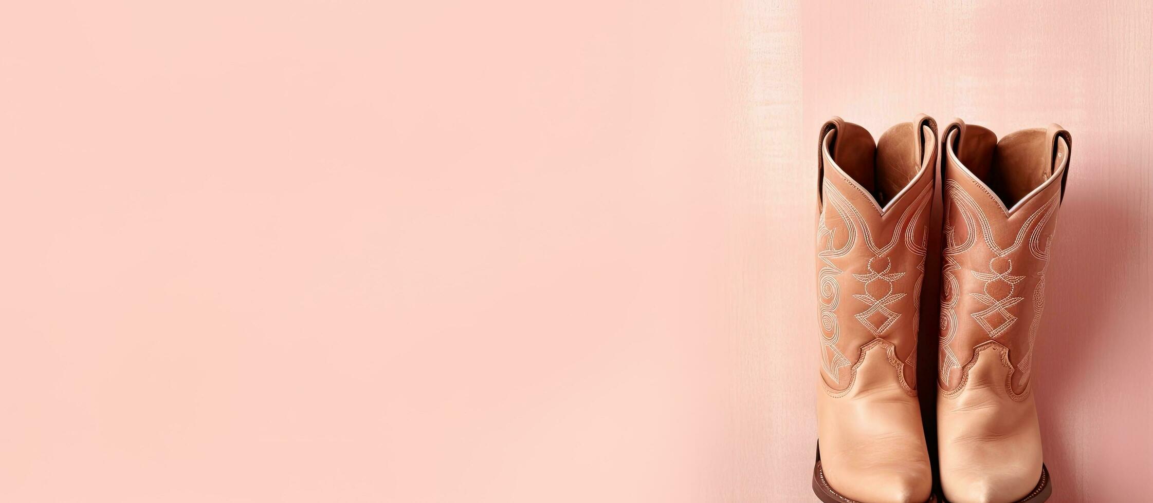 Photo of a pair of cowboy boots hanging on a pink wall with copy space