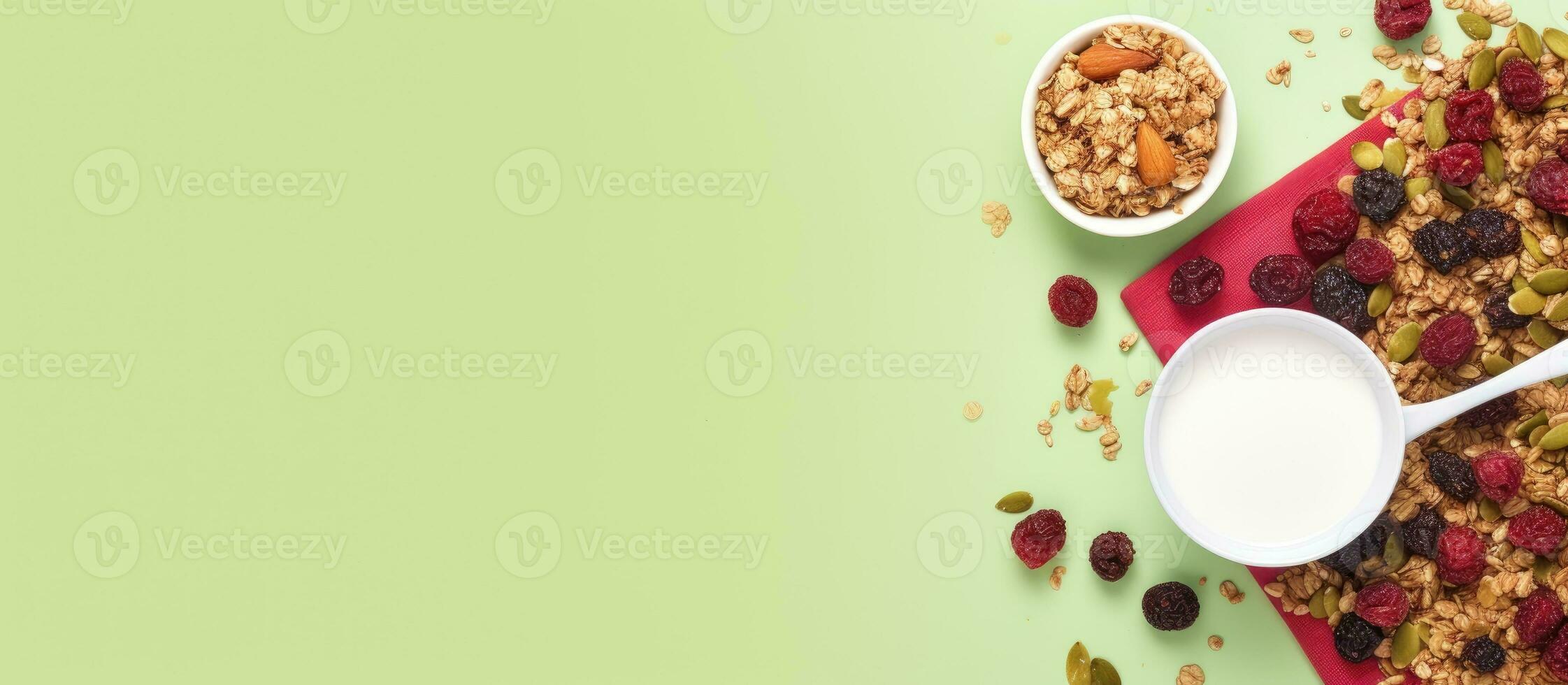 Photo of a healthy breakfast with granola and yogurt with copy space