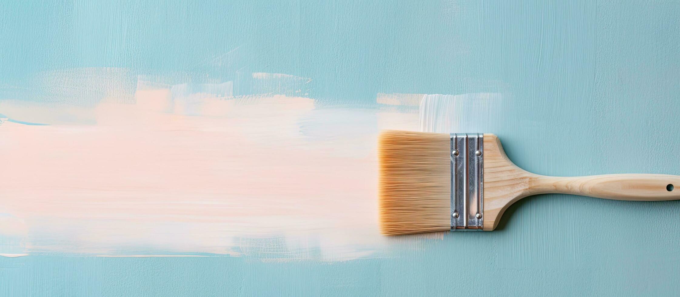 Photo of a paintbrush with white paint on a blue wall, with plenty of empty space for text or other elements with copy space