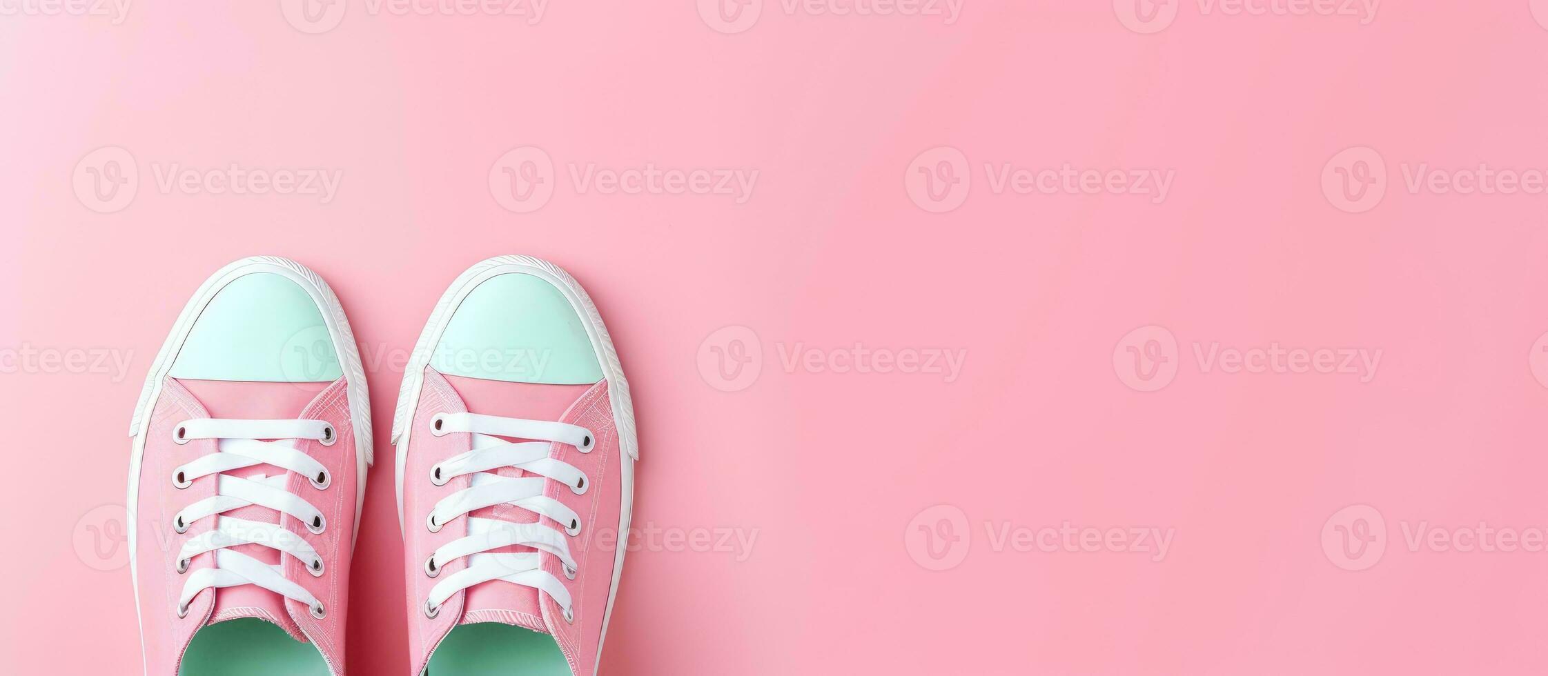 Photo of a pair of pink sneakers on a vibrant pink background with copy space