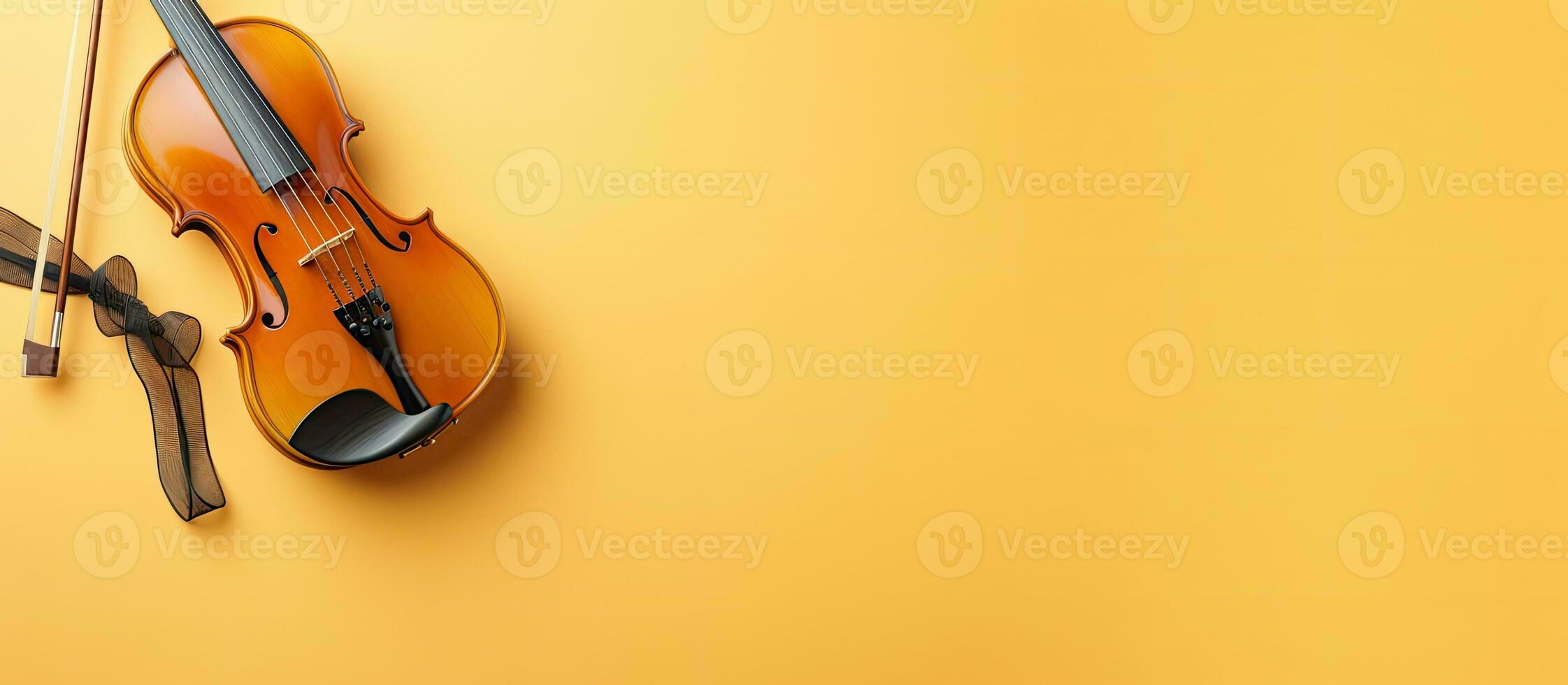 Photo of a violin with a bow on a vibrant yellow background with copy space