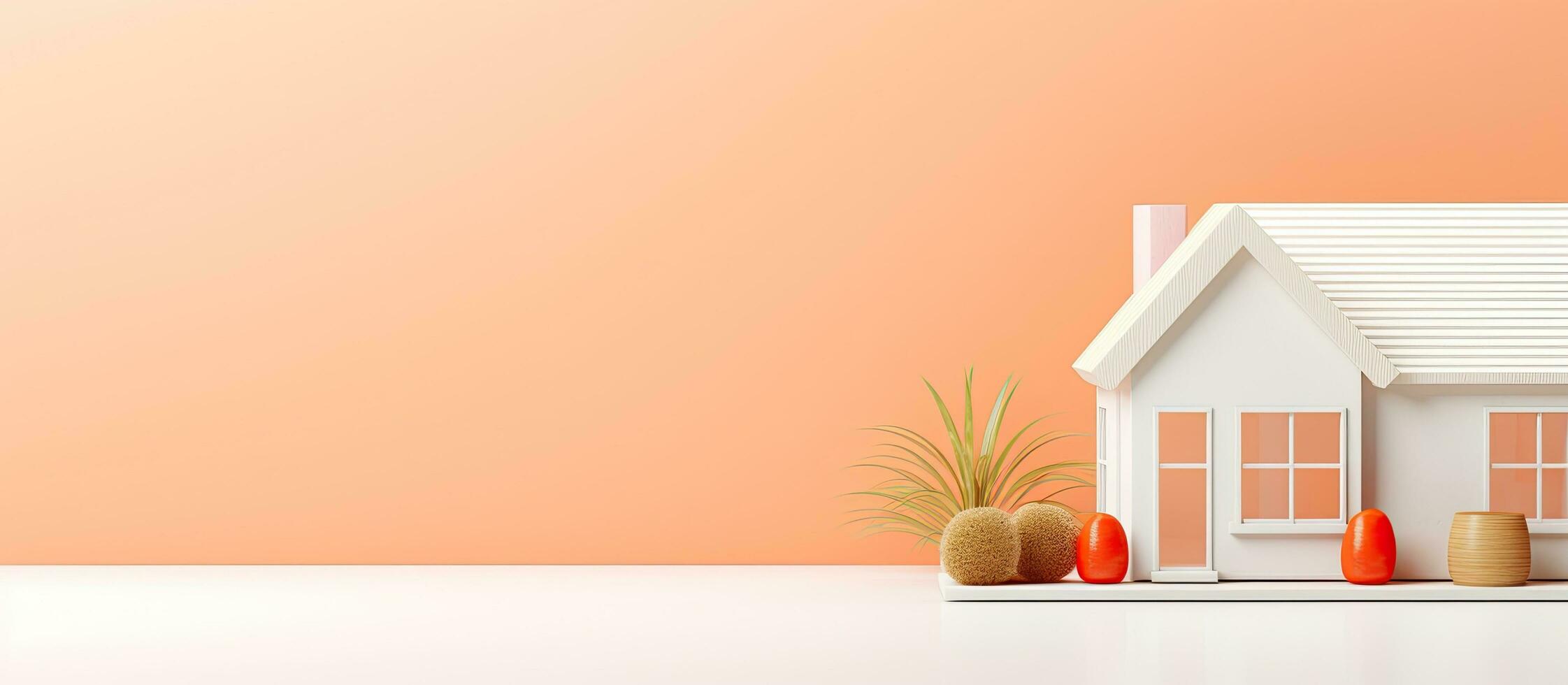 Photo of a miniature white house on a table with empty space for text or design with copy space