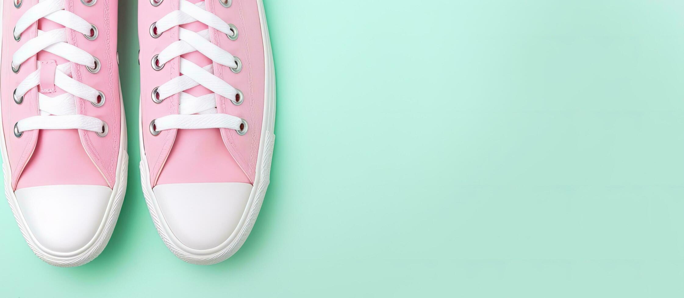 Photo of pink sneakers with white laces on a clean background with copy space