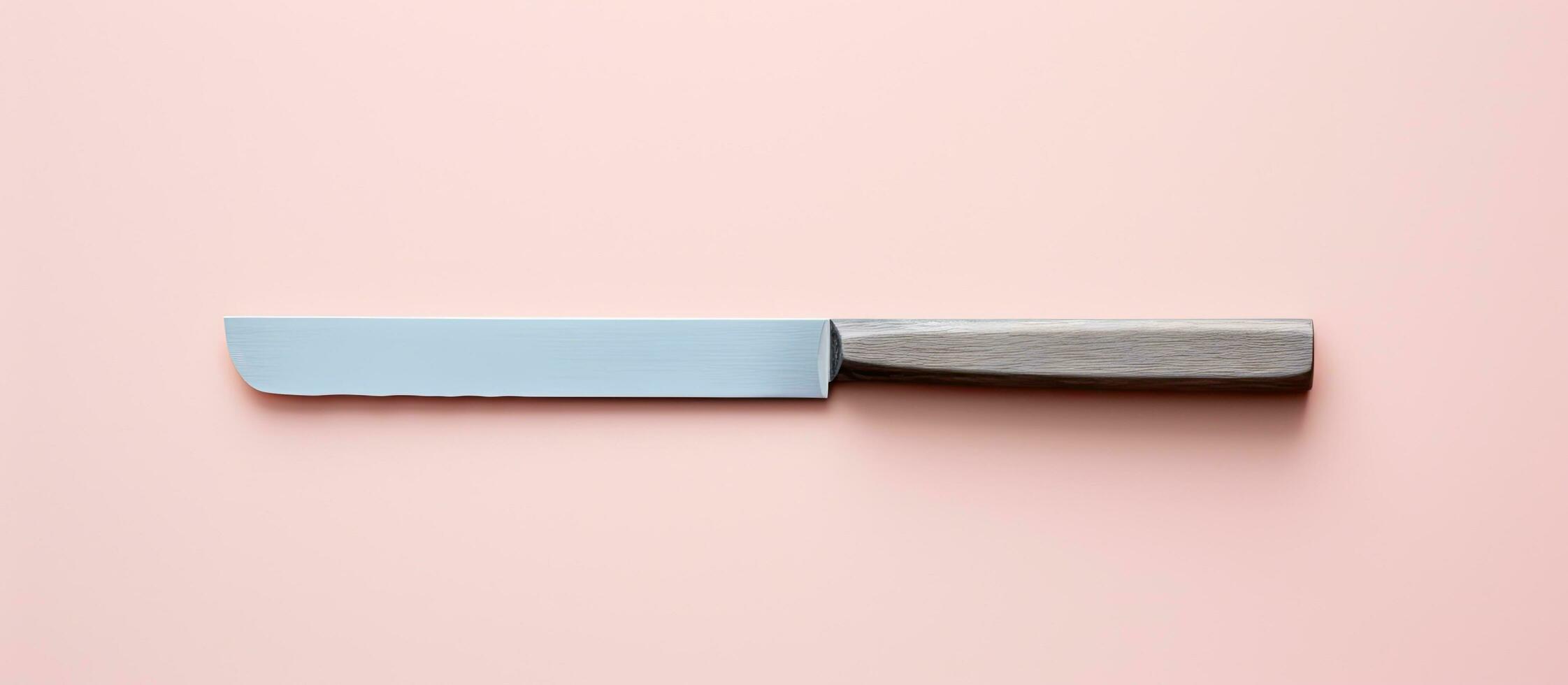 Photo of a blue and gray knife on a pink surface with copy space with copy space