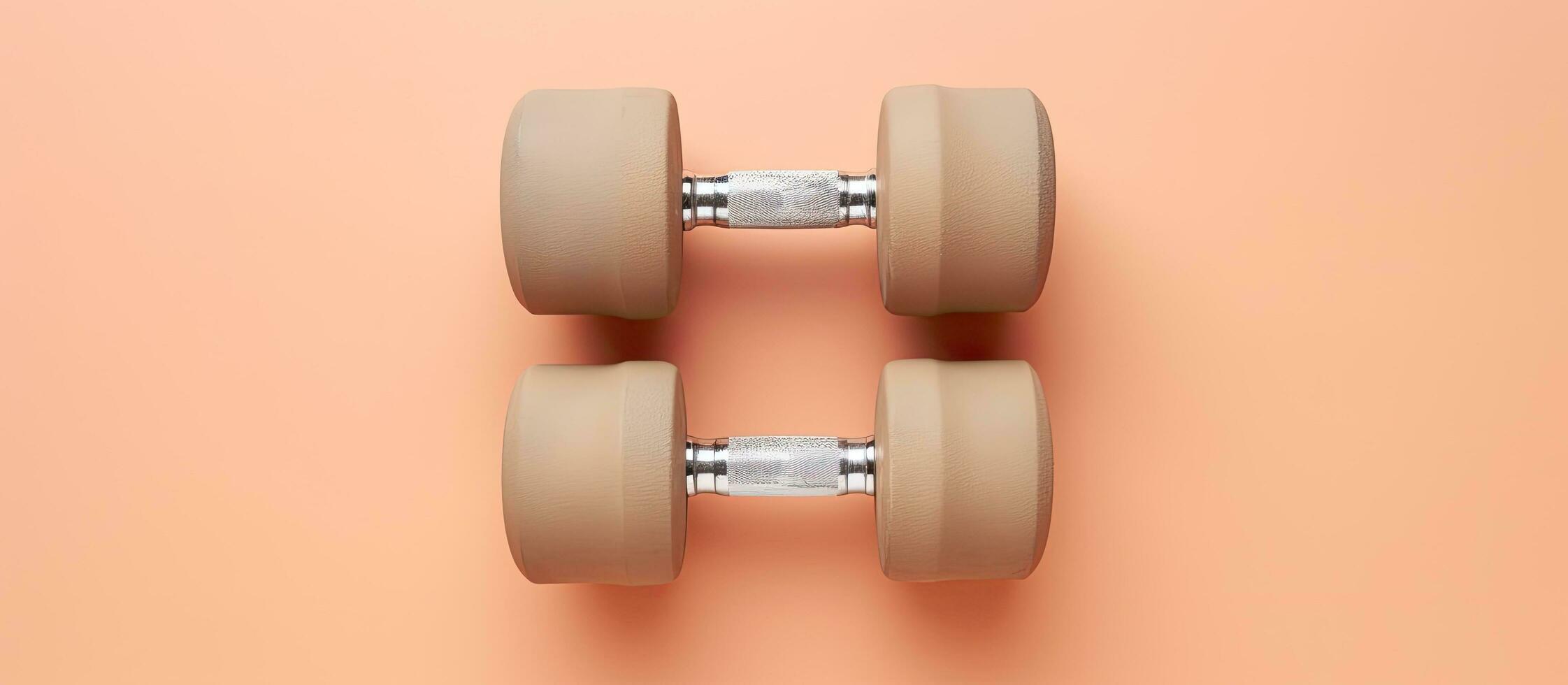 Photo of a pair of dumbbells on a vibrant pink background with ample copy space with copy space