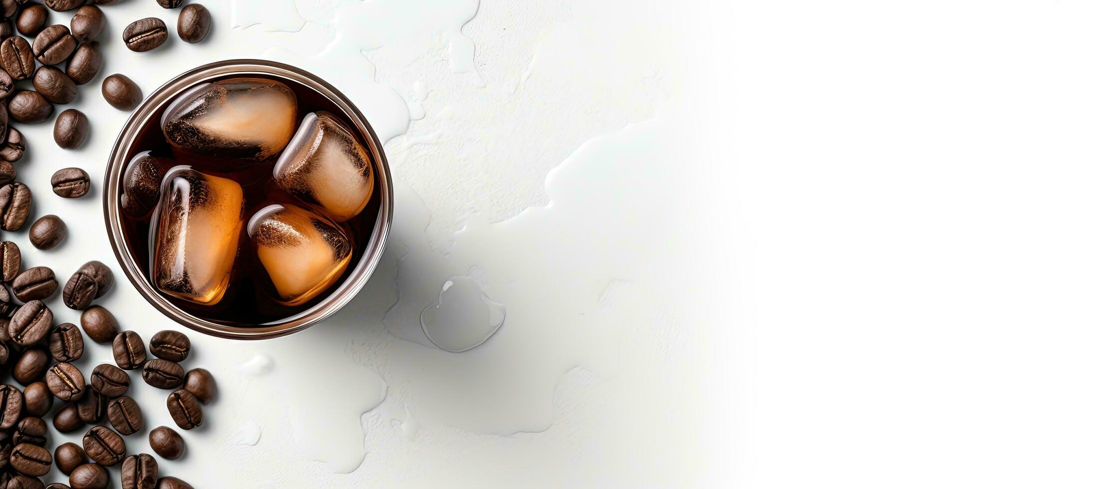 foto de un refrescante taza de con hielo café con café frijoles como un fondo con Copiar espacio