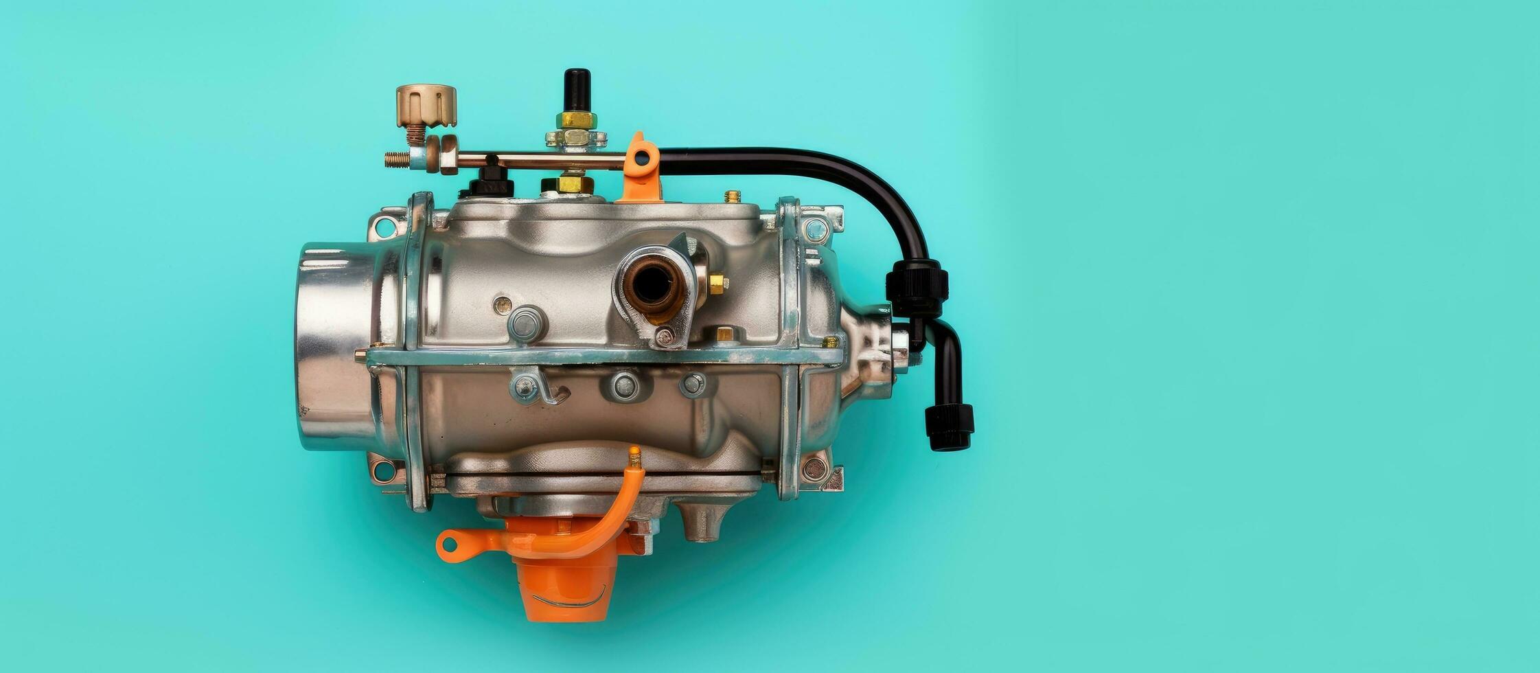 Photo of a carburetor on a vibrant blue background with plenty of empty space for text or graphics with copy space