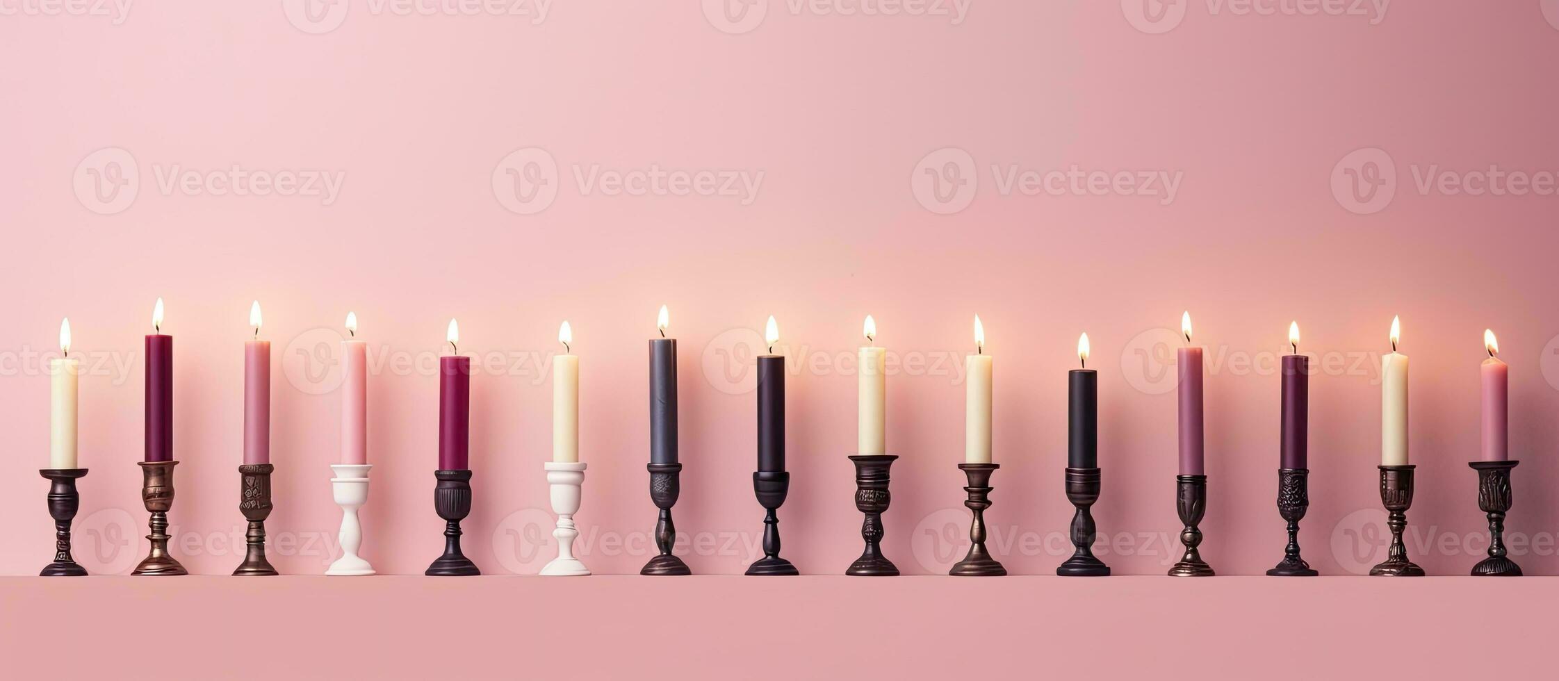 Photo of a row of beautifully lit candles on a shelf, creating a warm and serene ambiance with copy space