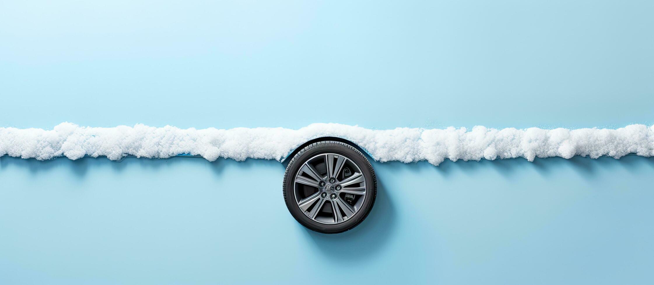 Photo of a black car tire on a blue background with copy space with copy space