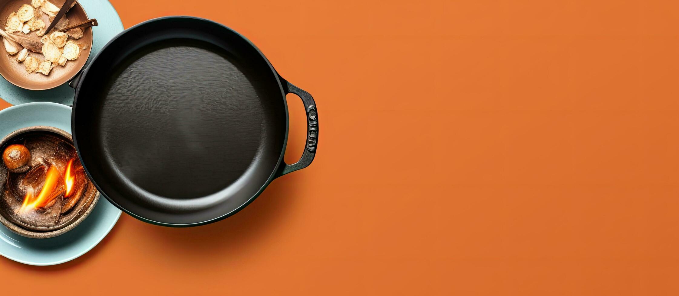 Photo of stacked pans with empty space for text or design with copy space