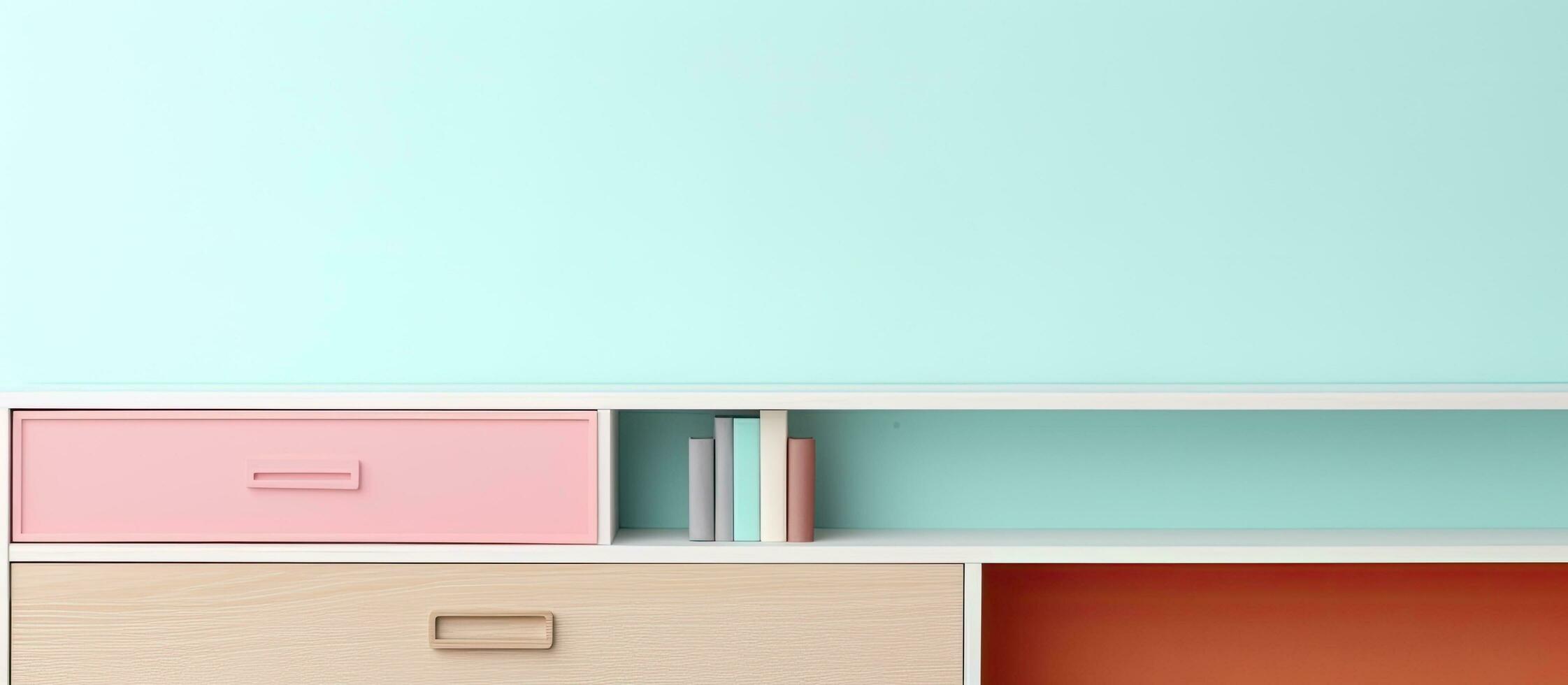 Photo of a minimalist white shelf with a pop of pink and a vibrant blue wall in the background with copy space