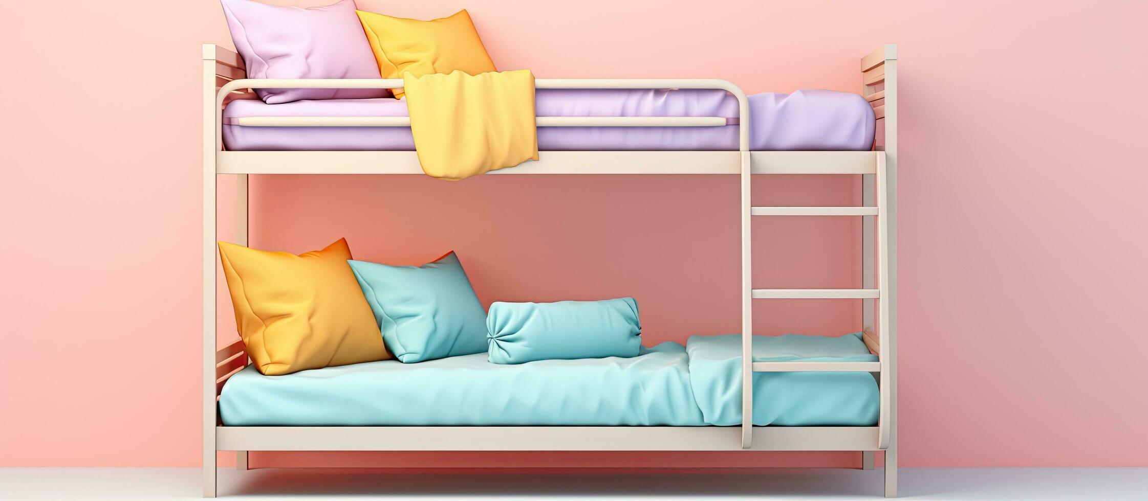 Photo of a pink bunk bed with fluffy pillows in a cozy room with copy space