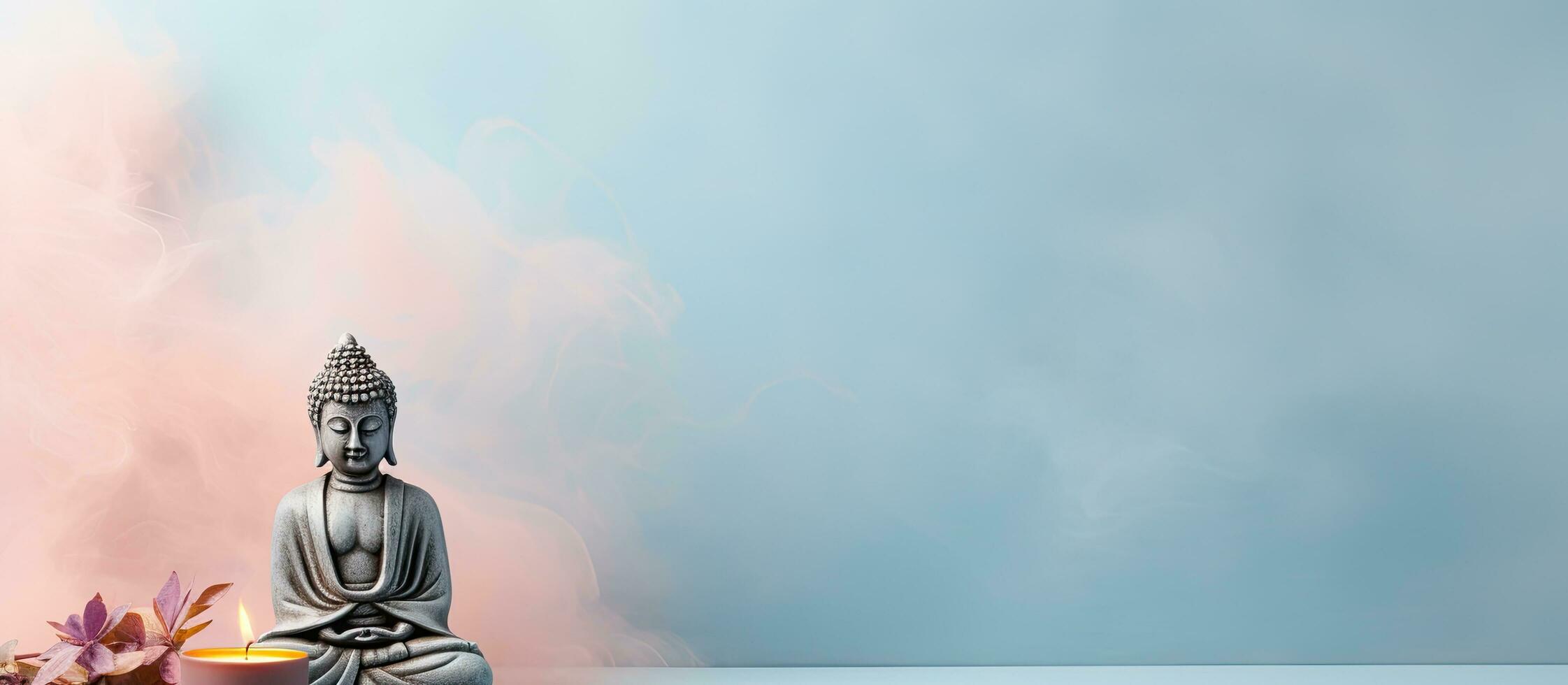 Photo of a serene Buddha statue sitting on a table in a peaceful setting with copy space