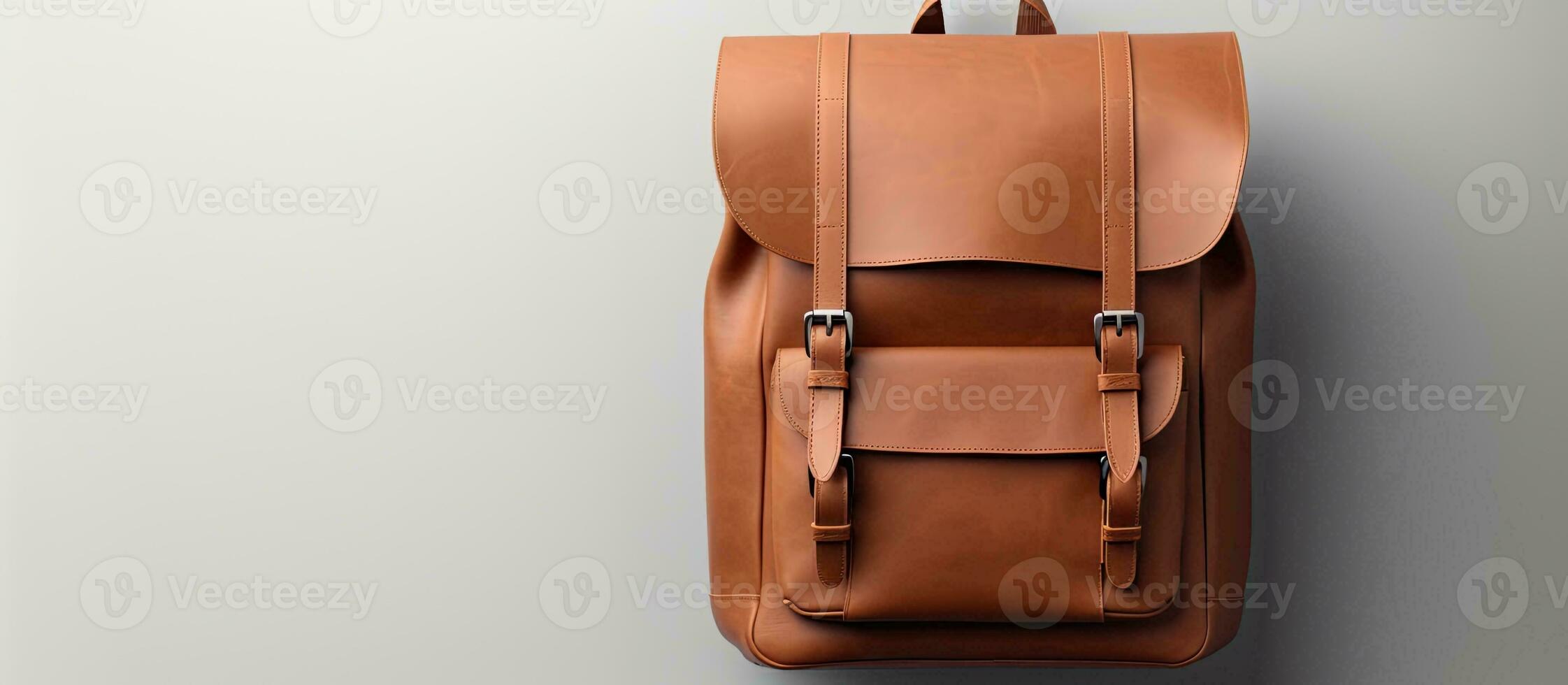 Photo of a stylish tan leather backpack hanging on a wall with plenty of space for your belongings with copy space
