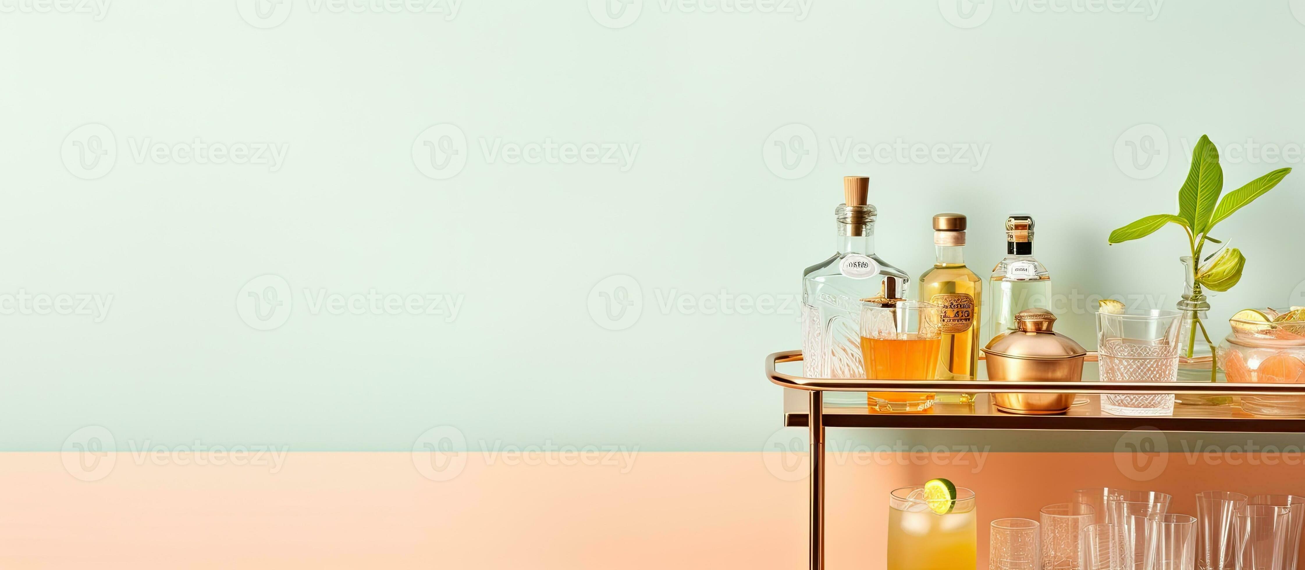 Photo of a well stocked bar cart with a variety of bottles and glasses