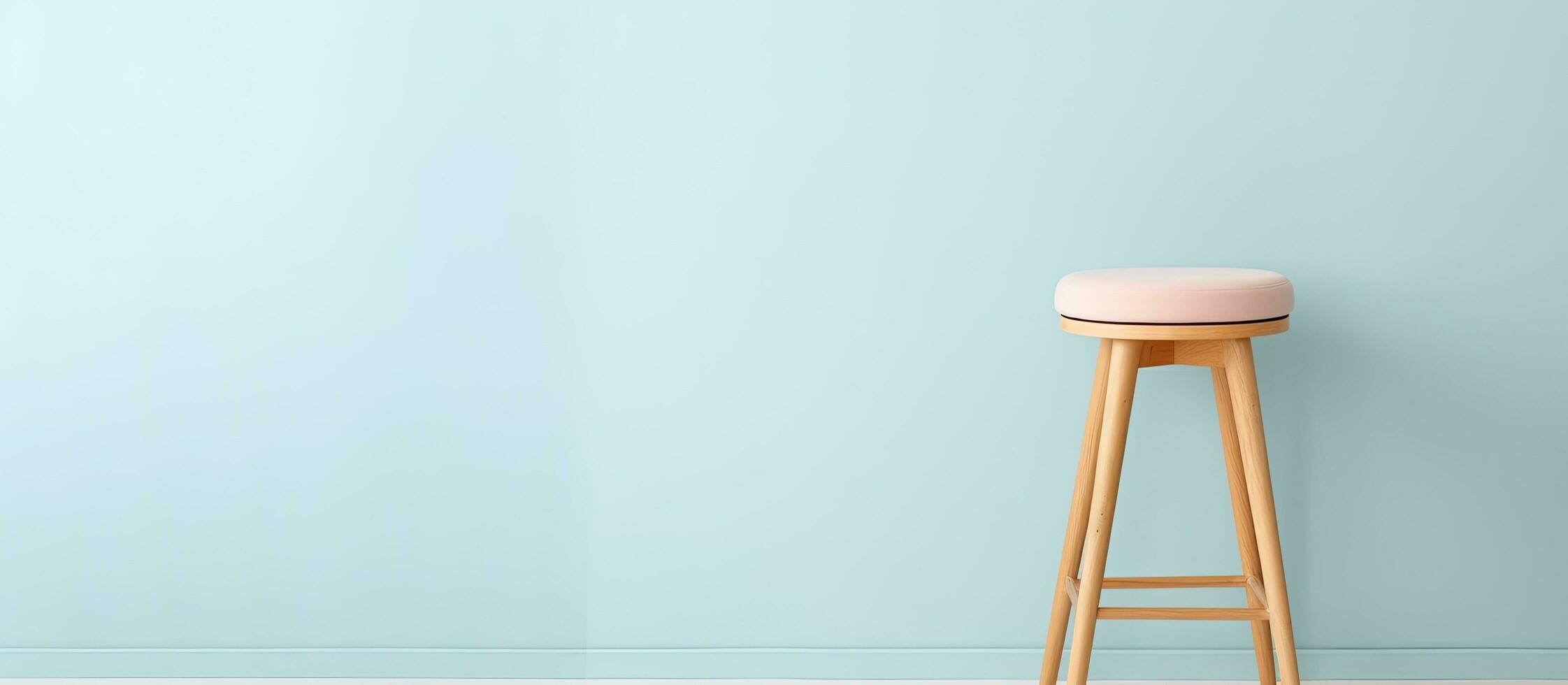 Photo of a wooden stool against a blue wall with empty space for text or design with copy space