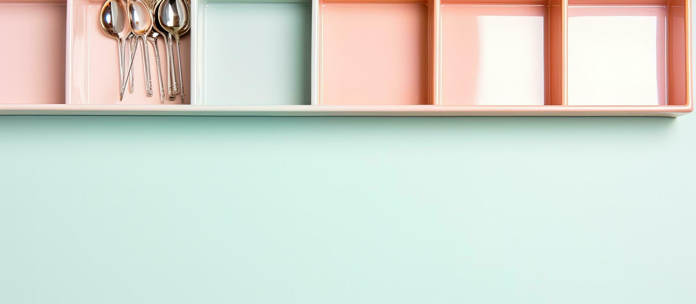 Photo of a pink shelf with a pair of scissors on it, with plenty of copy space with copy space