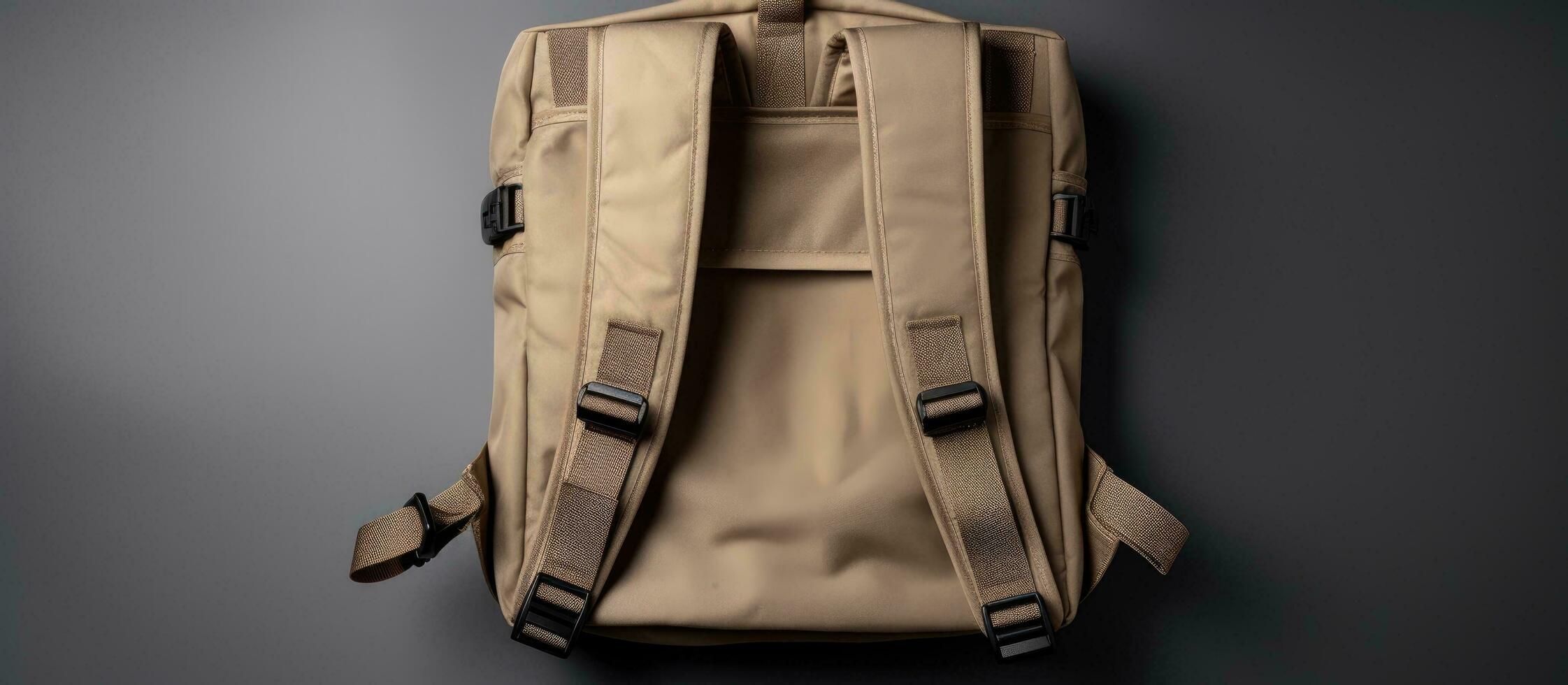 Photo of a tan backpack on a table with empty space for text or other elements with copy space