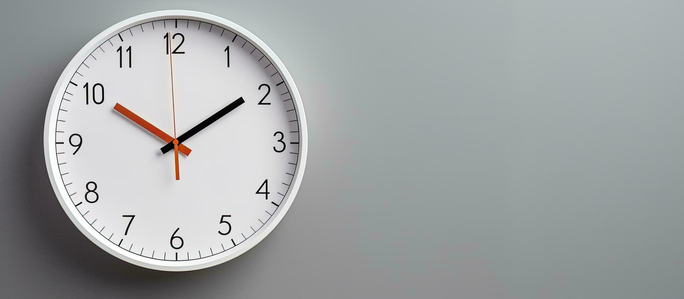 foto de un minimalista blanco reloj con vibrante naranja manos en un pulcro gris pared con Copiar espacio