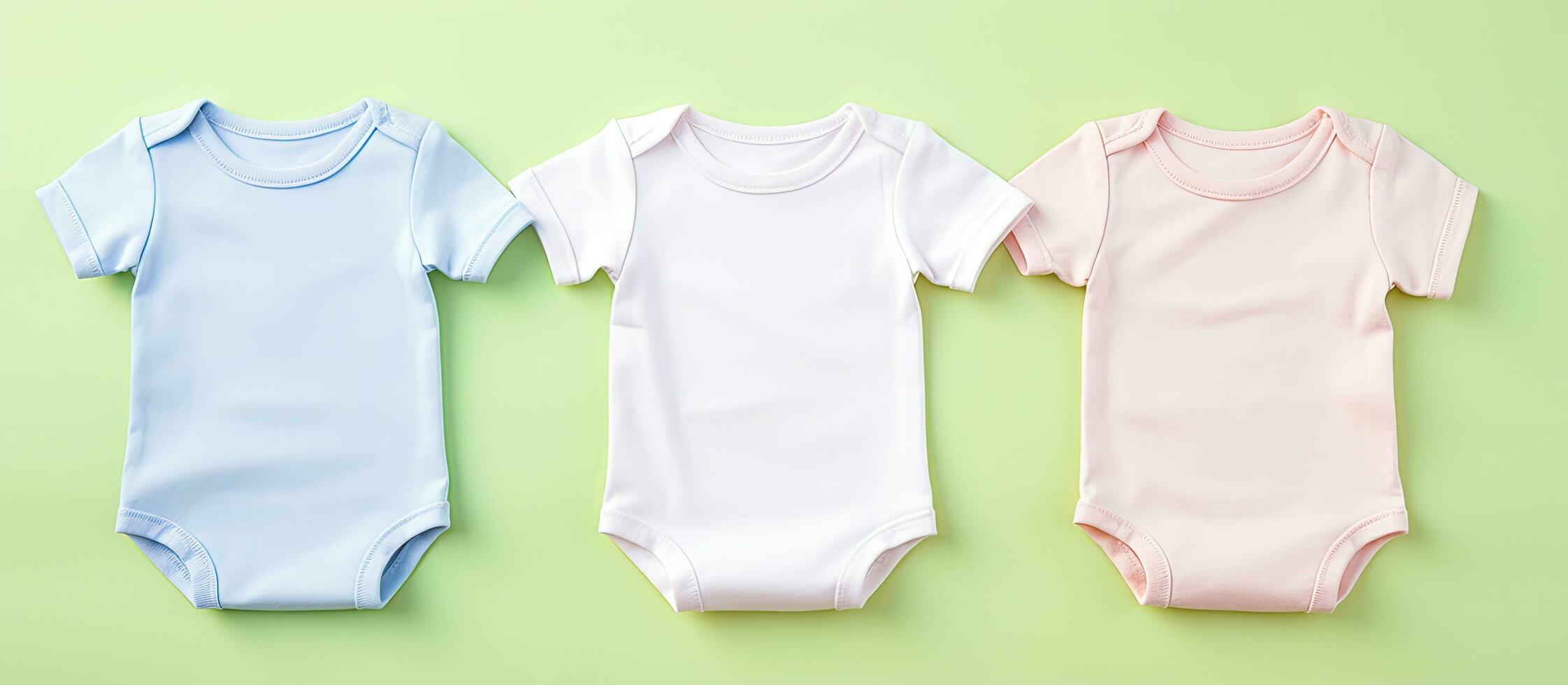 Photo of three baby ones lined up against a green background with copy space with copy space