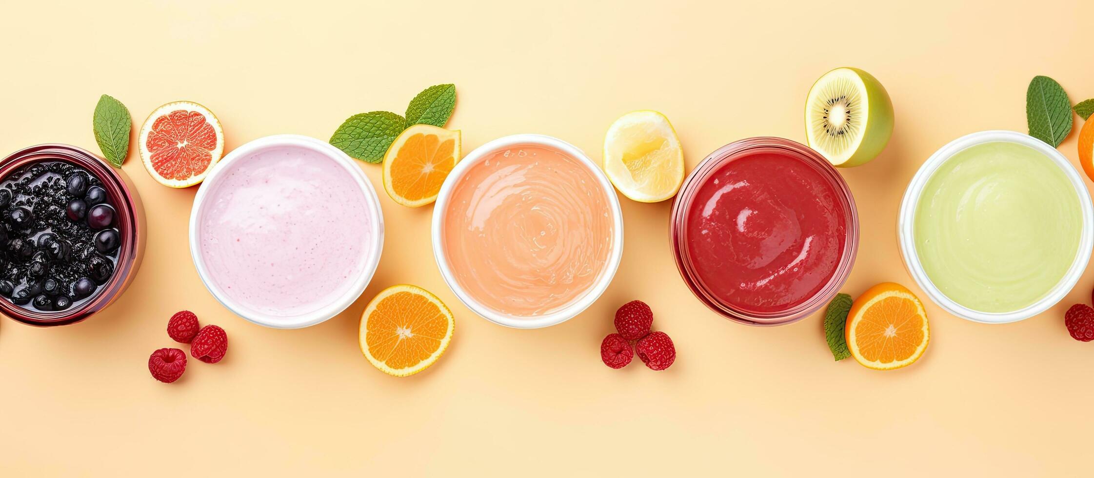 Photo of a colorful assortment of fresh fruits in beautiful bowls with copy space