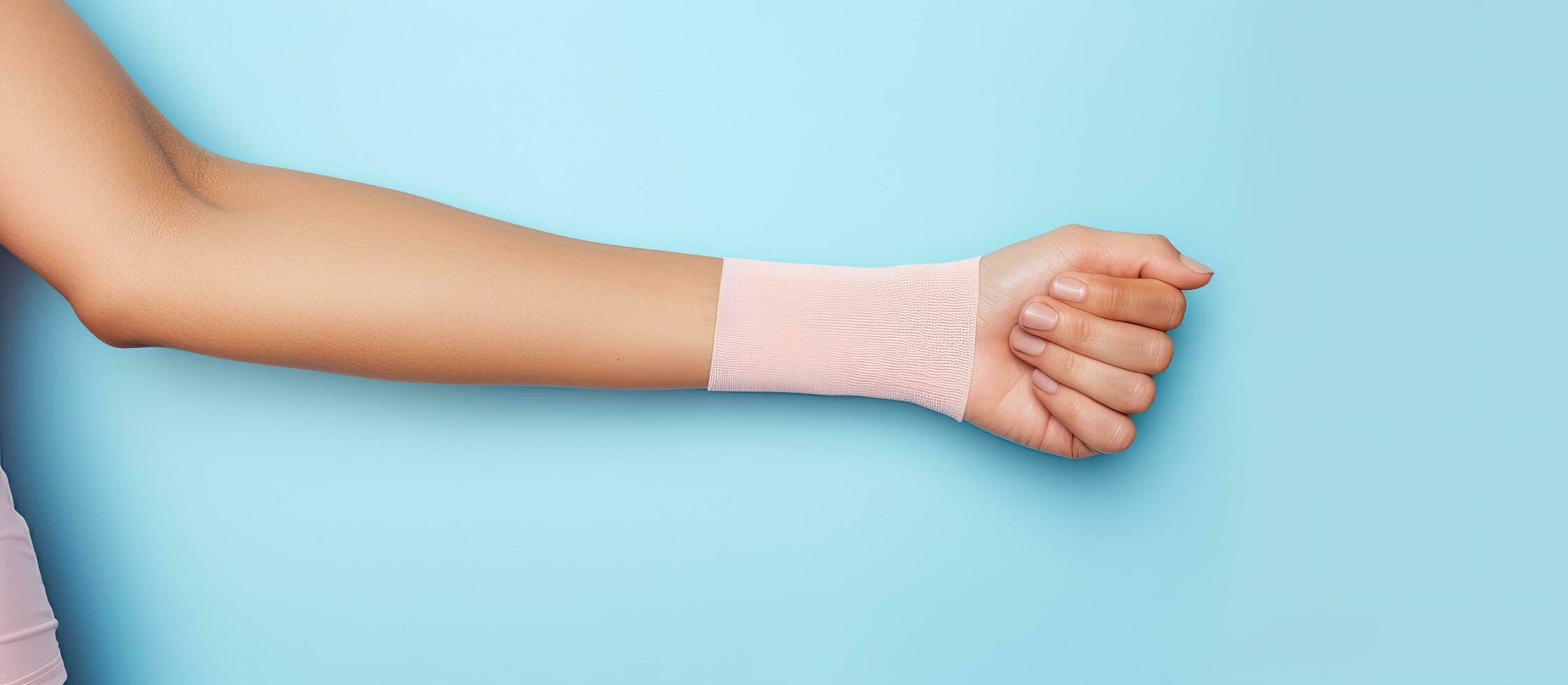 Photo of a womans hand with a cast on her arm, symbolizing strength and resilience with copy space