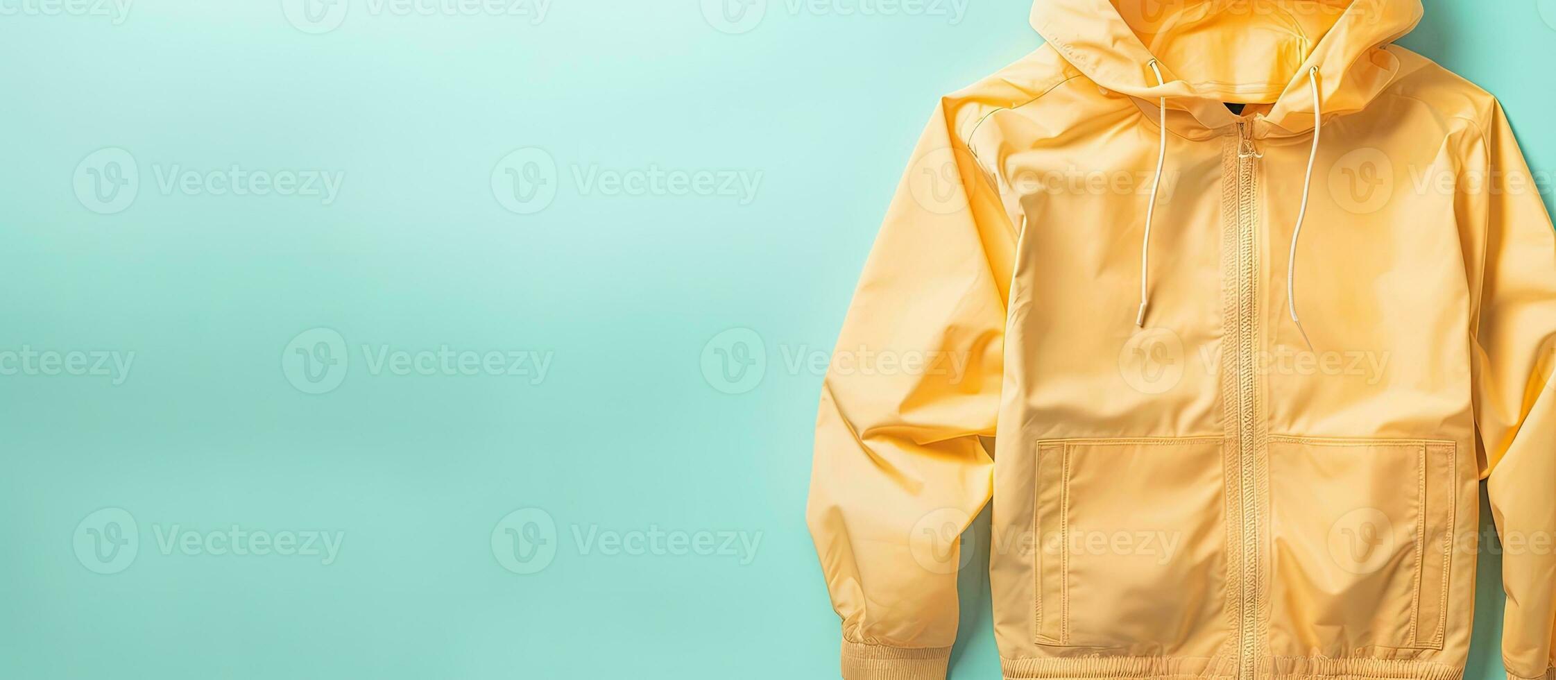 Photo of a green jacket hanging on a vibrant yellow wall, creating a striking color contrast with copy space