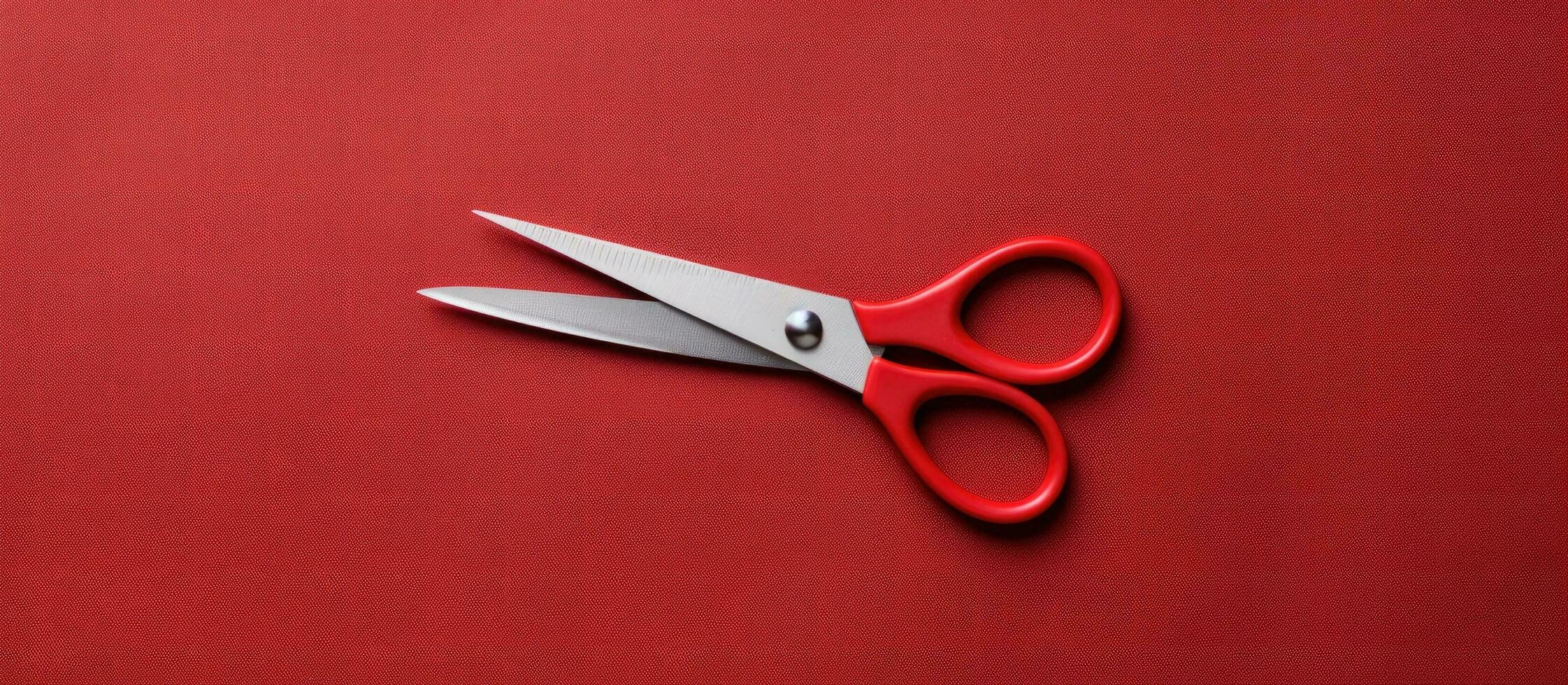 Photo of a pair of red scissors on a vibrant red background with copy space