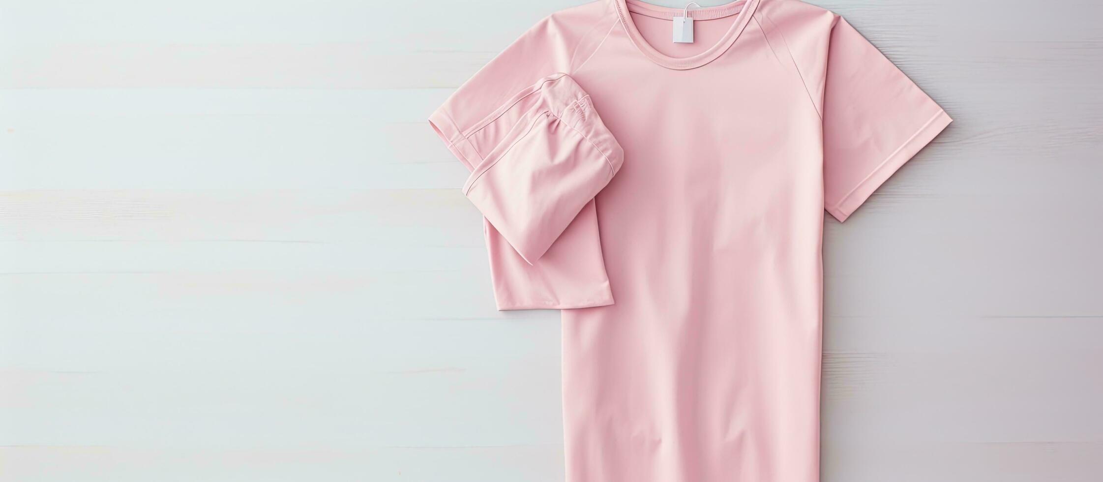 Photo of a pink dress hanging on a white wall with ample copy space with copy space