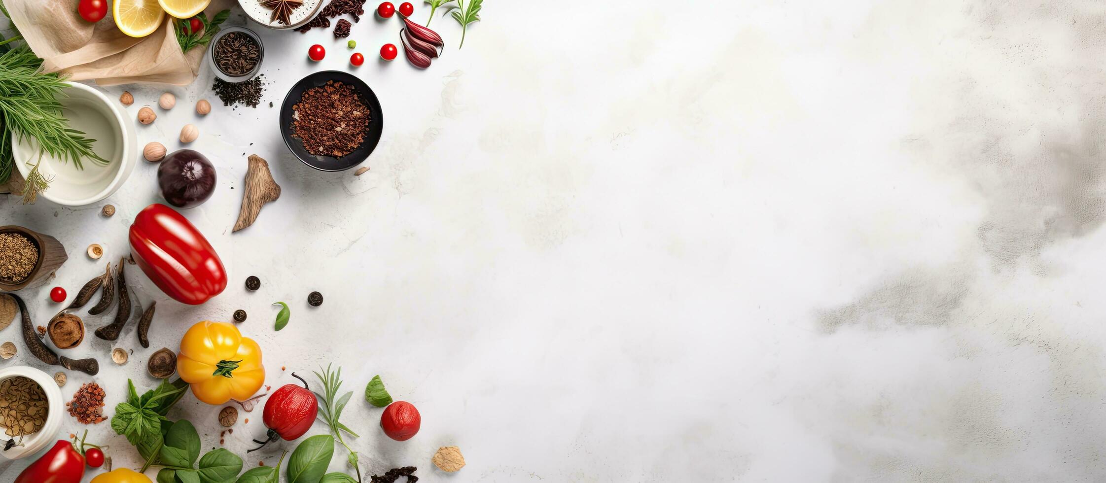 Photo of a diverse selection of delicious food displayed on a table with copy space