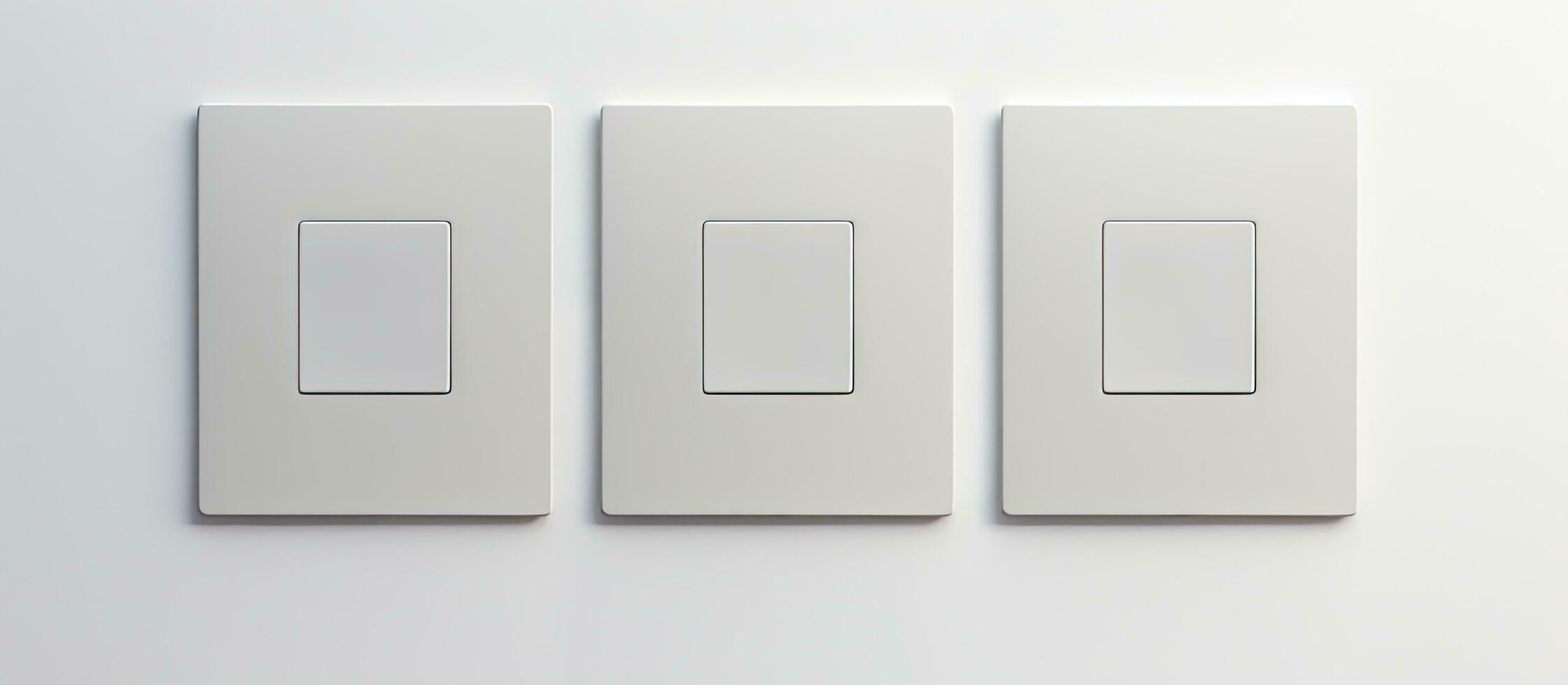 Photo of three white switches on a white wall with copy space with copy space