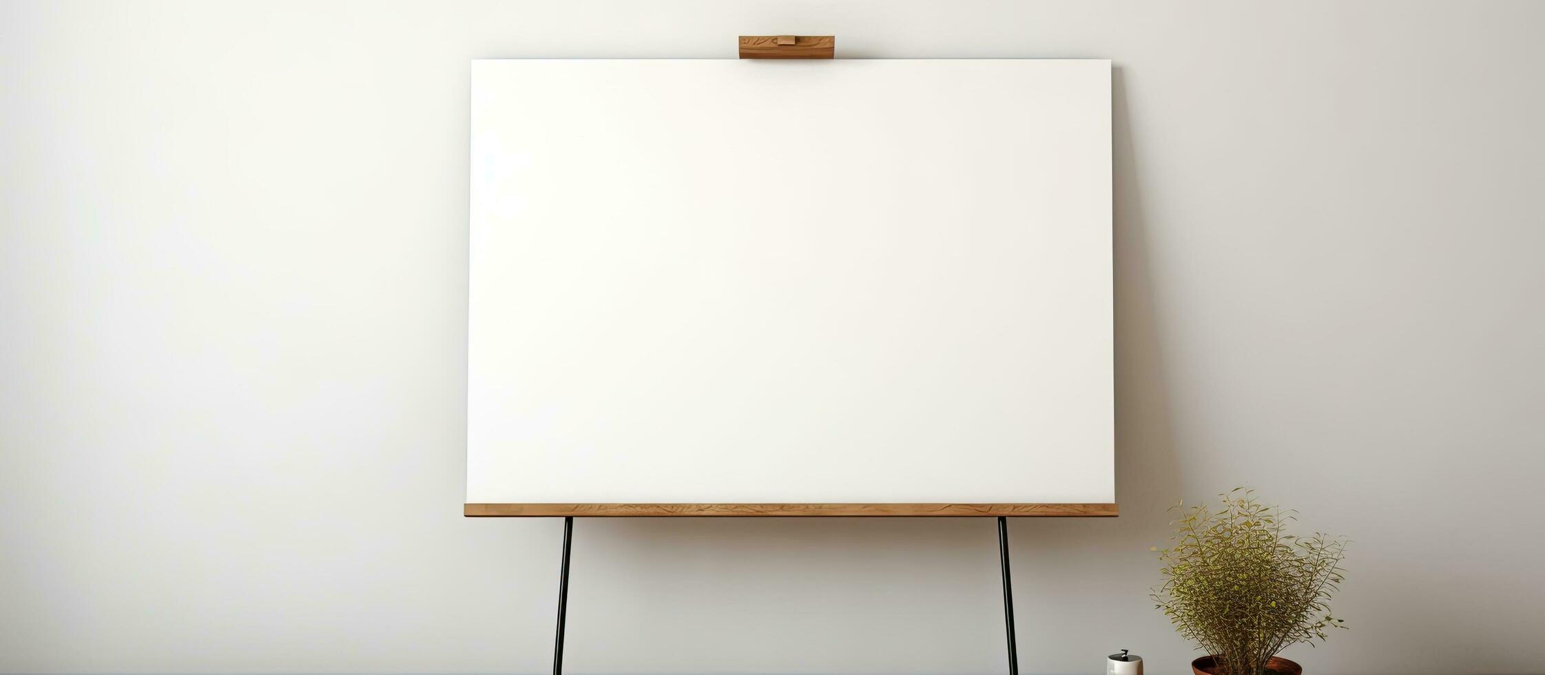 Photo of a blank canvas on a stand next to a potted plant, offering plenty of copy space with copy space