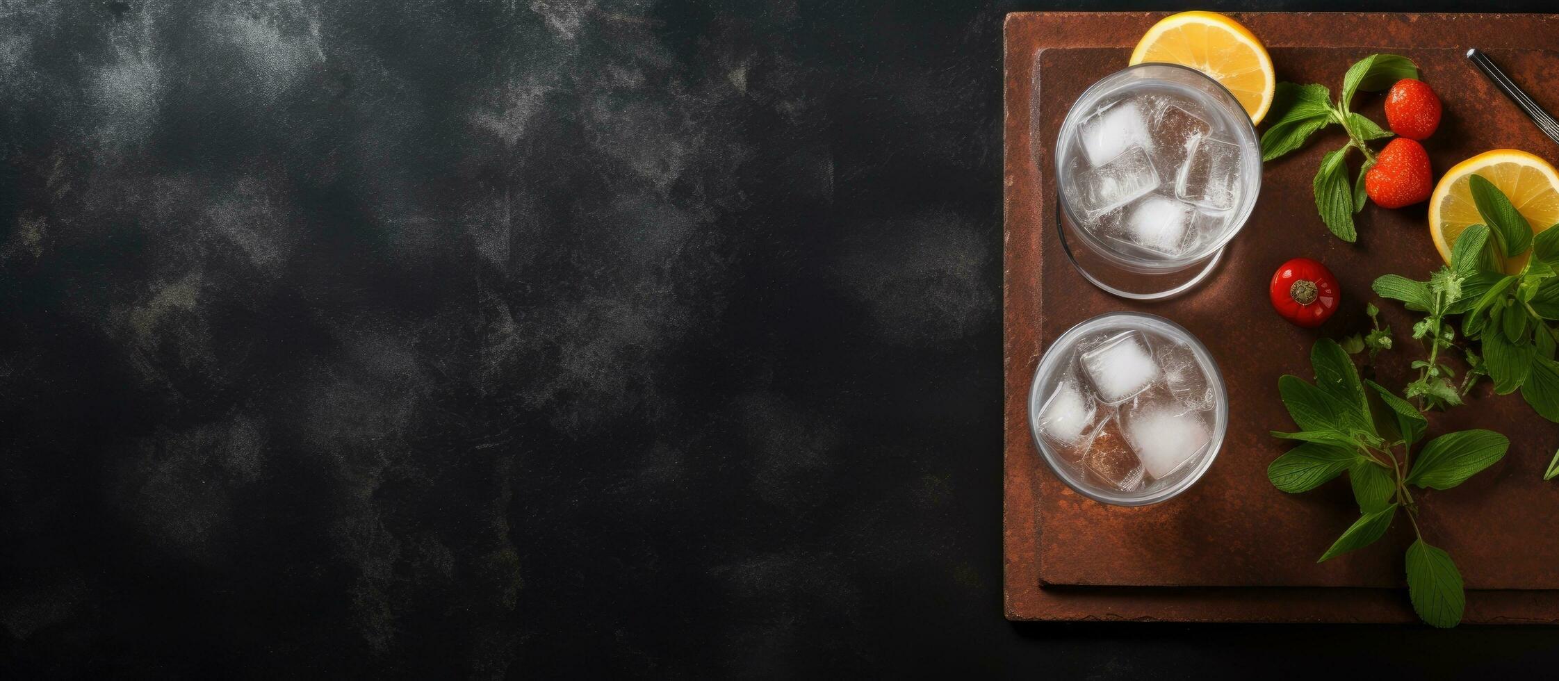 Photo of two refreshing glasses of lemonade on a wooden cutting board with copy space