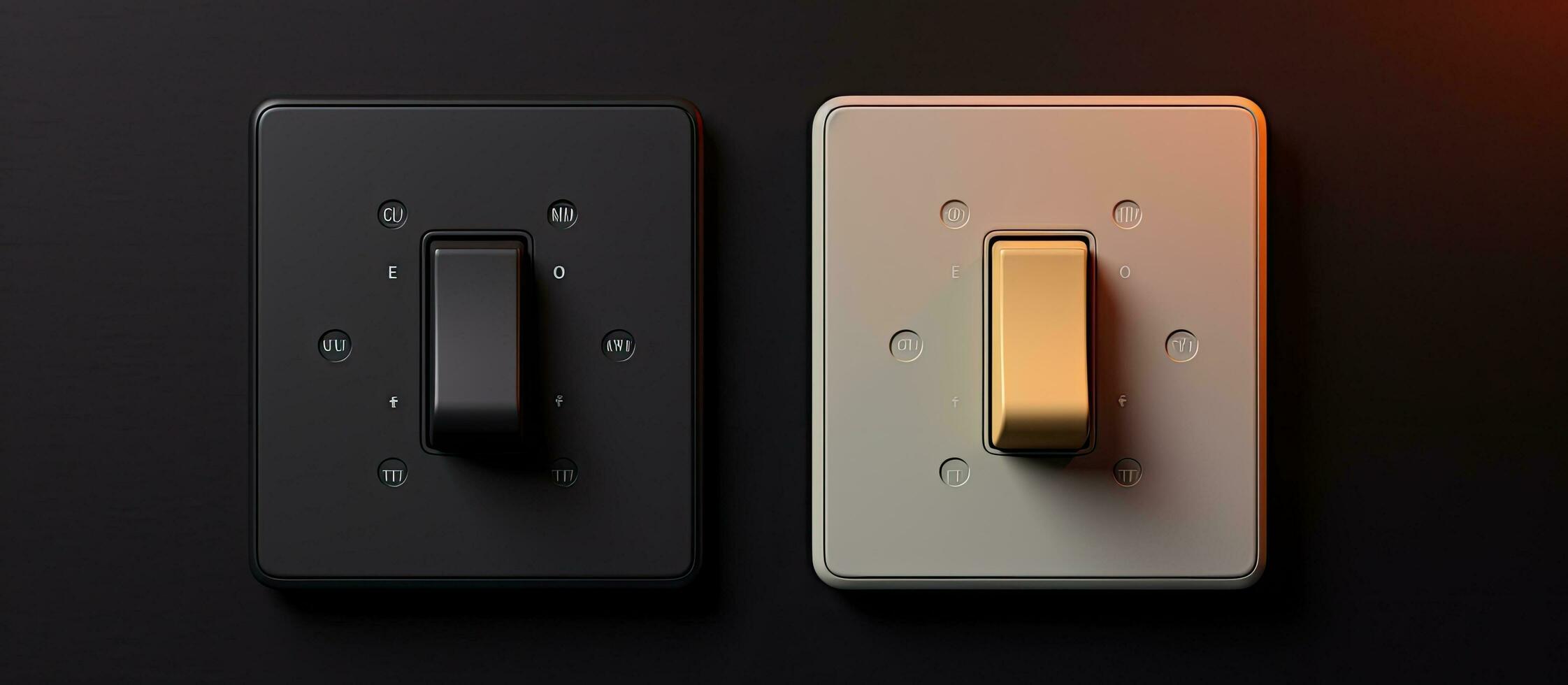 Photo of a black and gold light switch on a sleek black wall with copy space