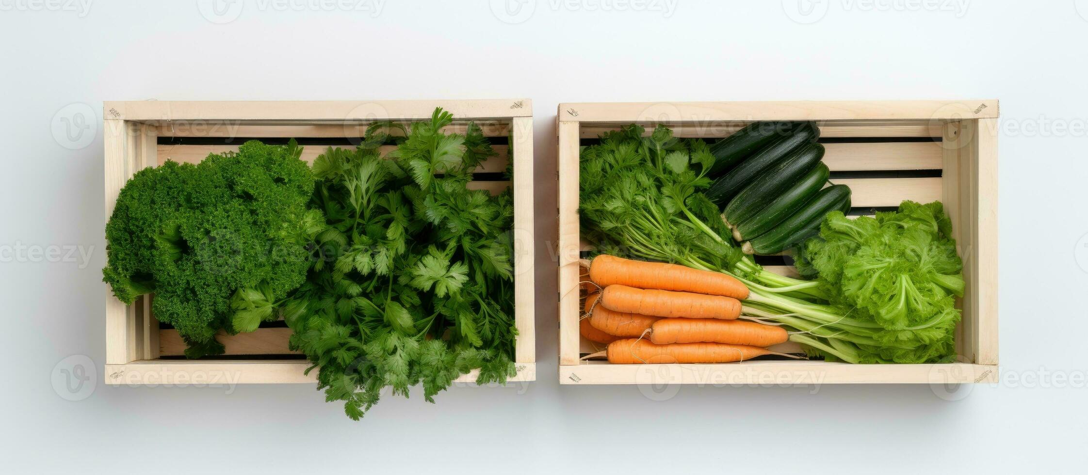 Photo of a variety of fresh vegetables displayed in wooden crates with copy space