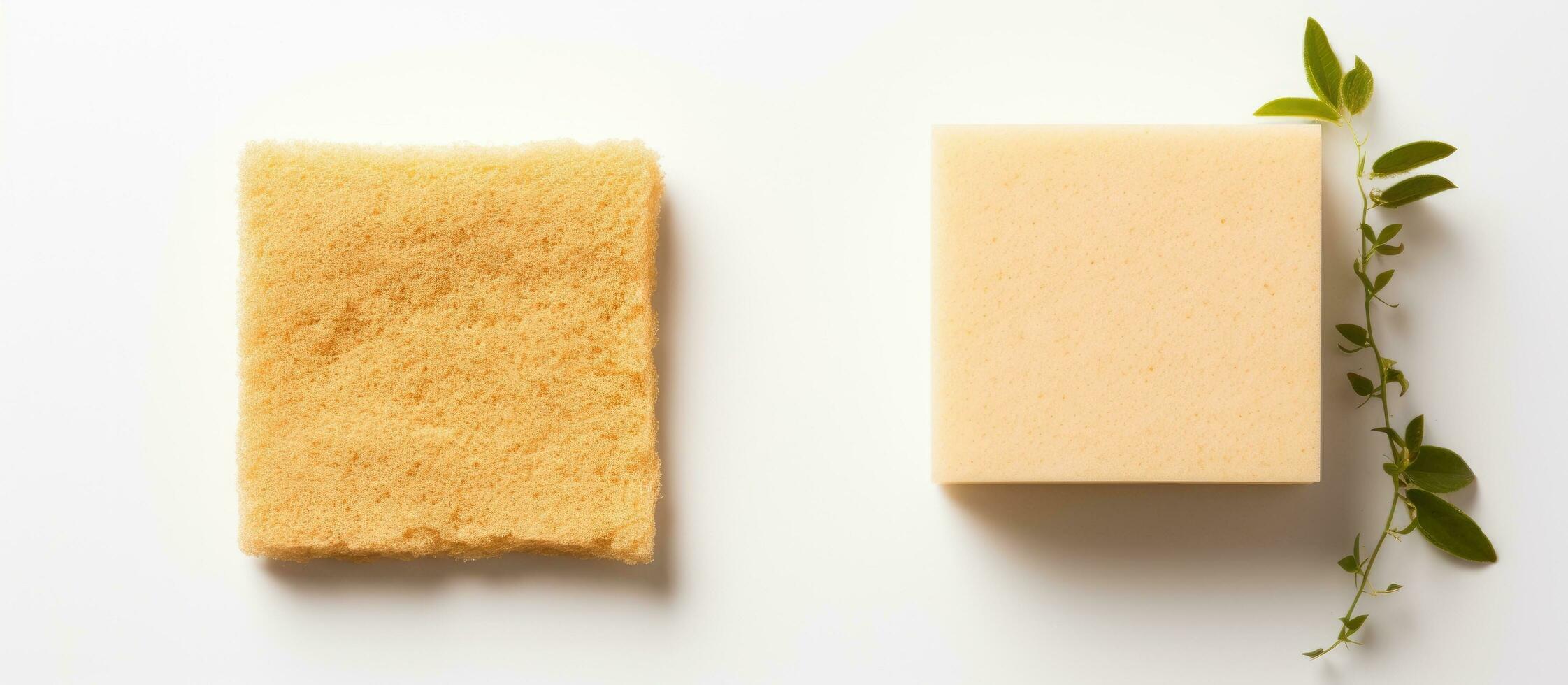 Photo of a bar and block of soap side by side on a clean white surface with copy space