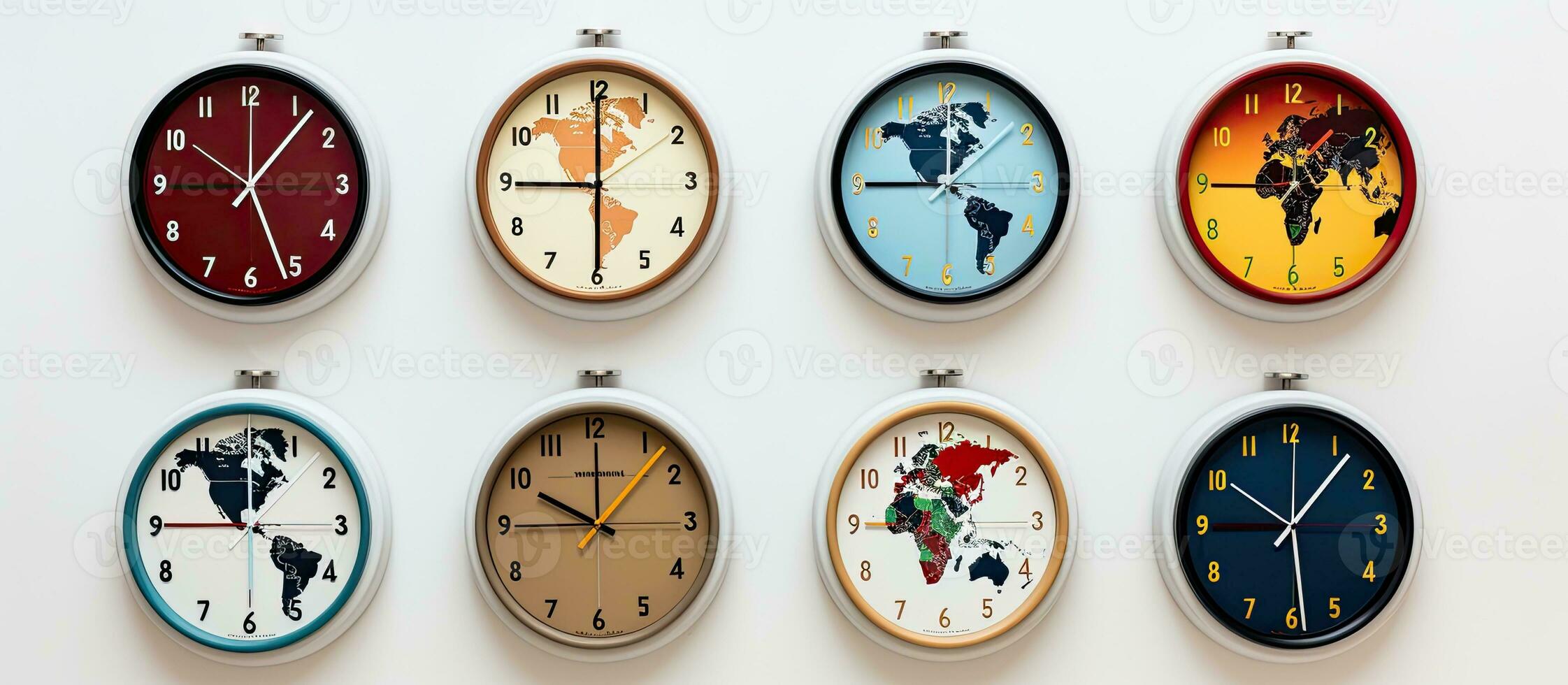 Photo of multiple clocks hanging on a wall with copy space 26859545