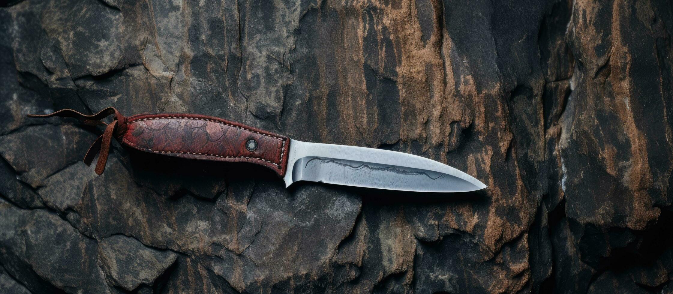 Photo of a knife with a brown leather sheath on a rock, perfect for outdoor adventures with copy space