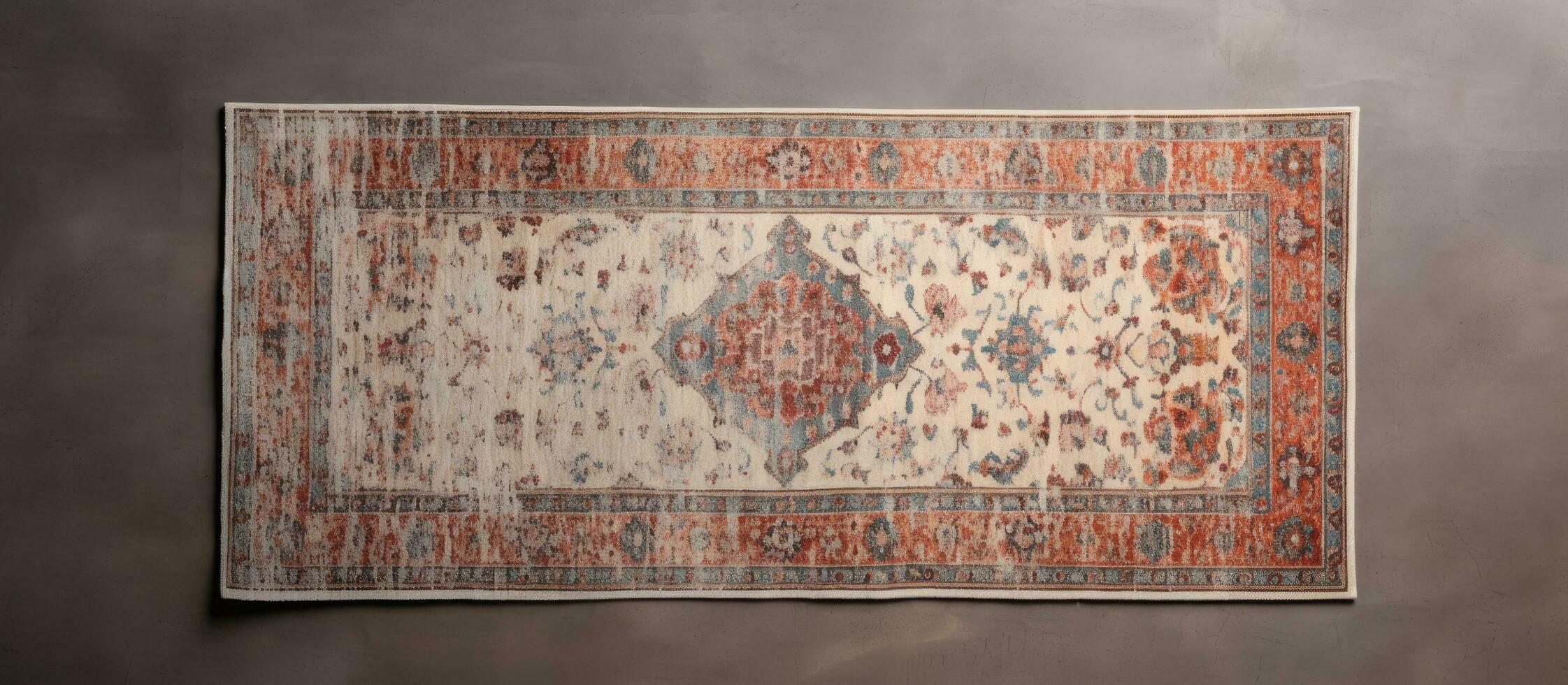 Photo of a decorative rug hanging on a wall, creating a unique focal point in the room with copy space