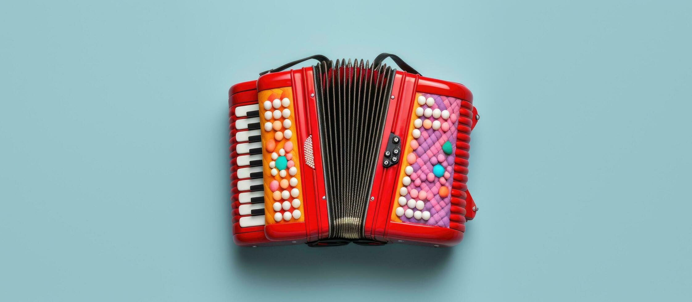 Photo of a red accordion on a vibrant blue wall, with copy space with copy space