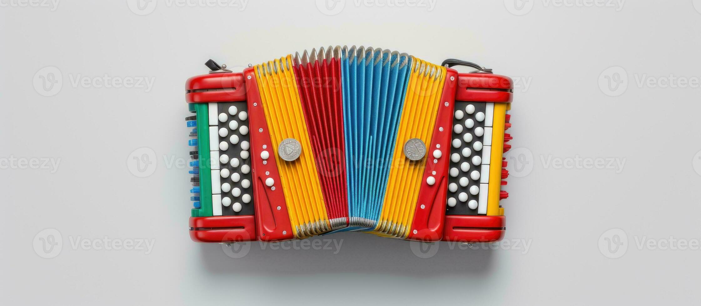 Photo of a vibrant accordion on a clean white background with copy space