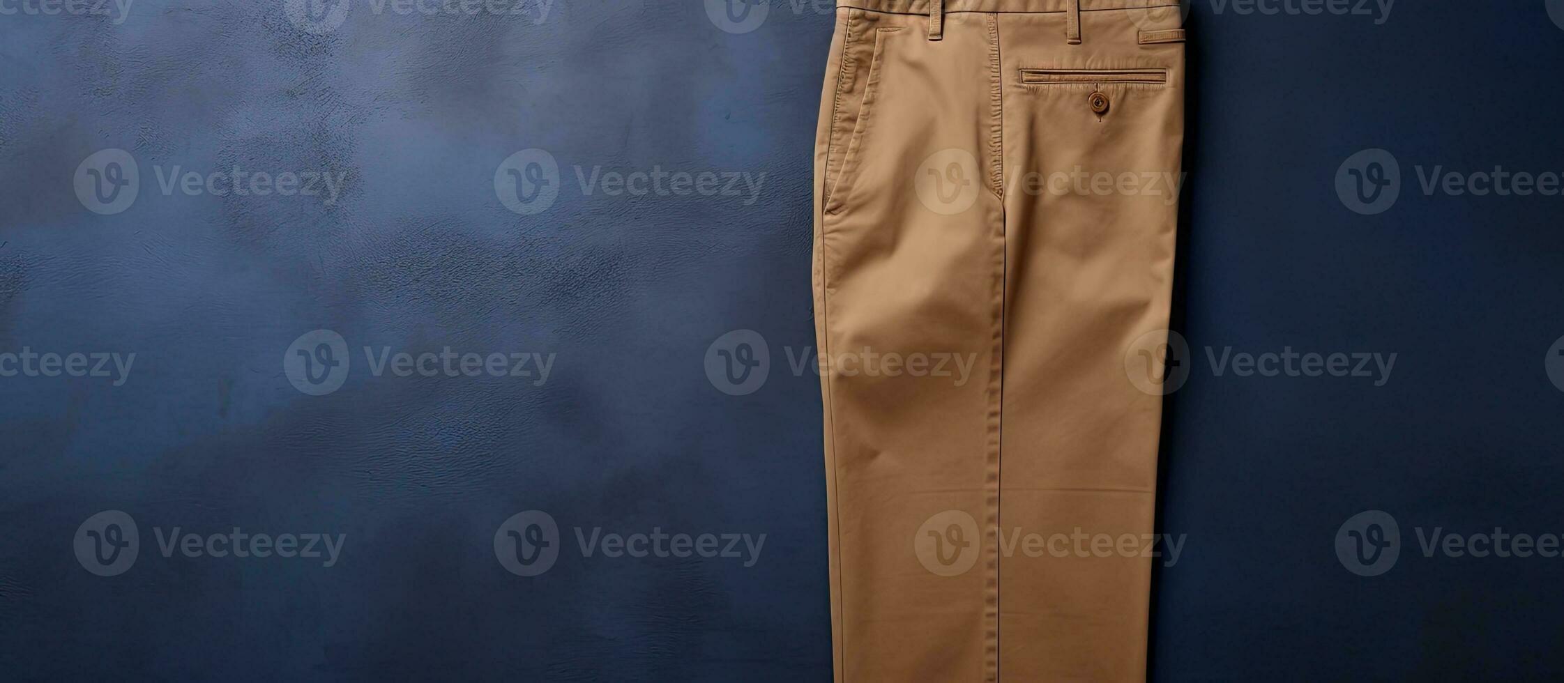 Photo of a pair of tan pants hanging against a blue wall with empty space for text or other design elements with copy space