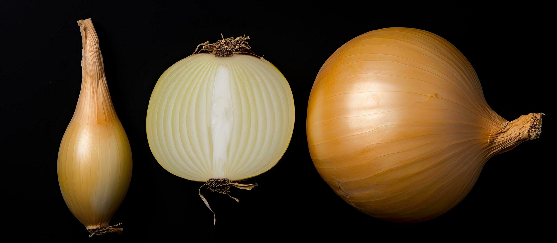 Photo of two onions placed side by side with empty space in the background with copy space