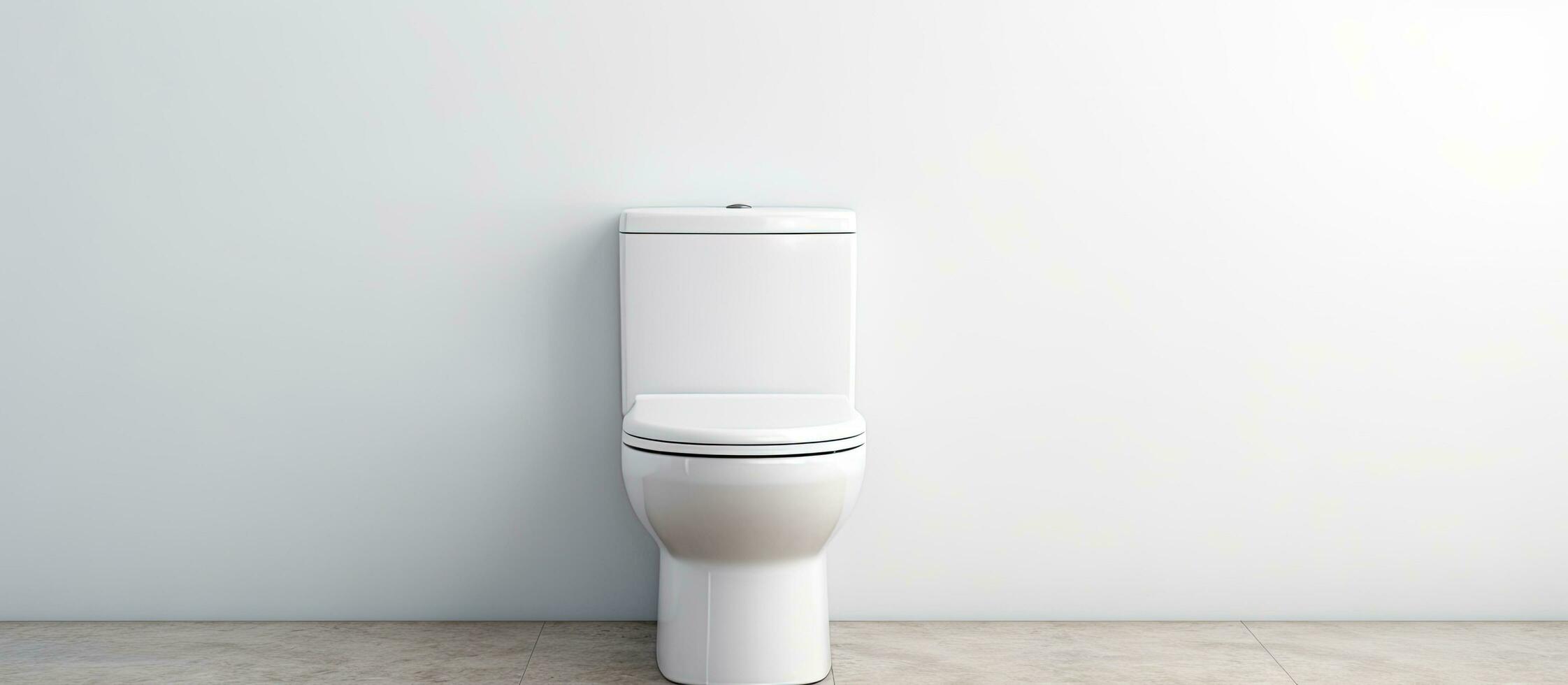 Photo of a minimalist white toilet against a clean white wall with copy space