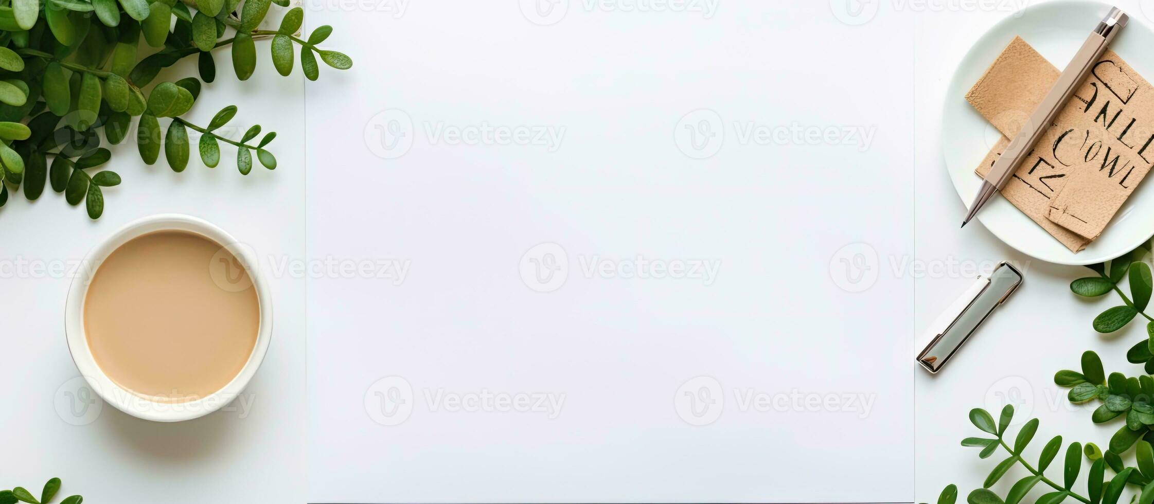 Photo of a minimalist white table with a steaming cup of coffee with copy space