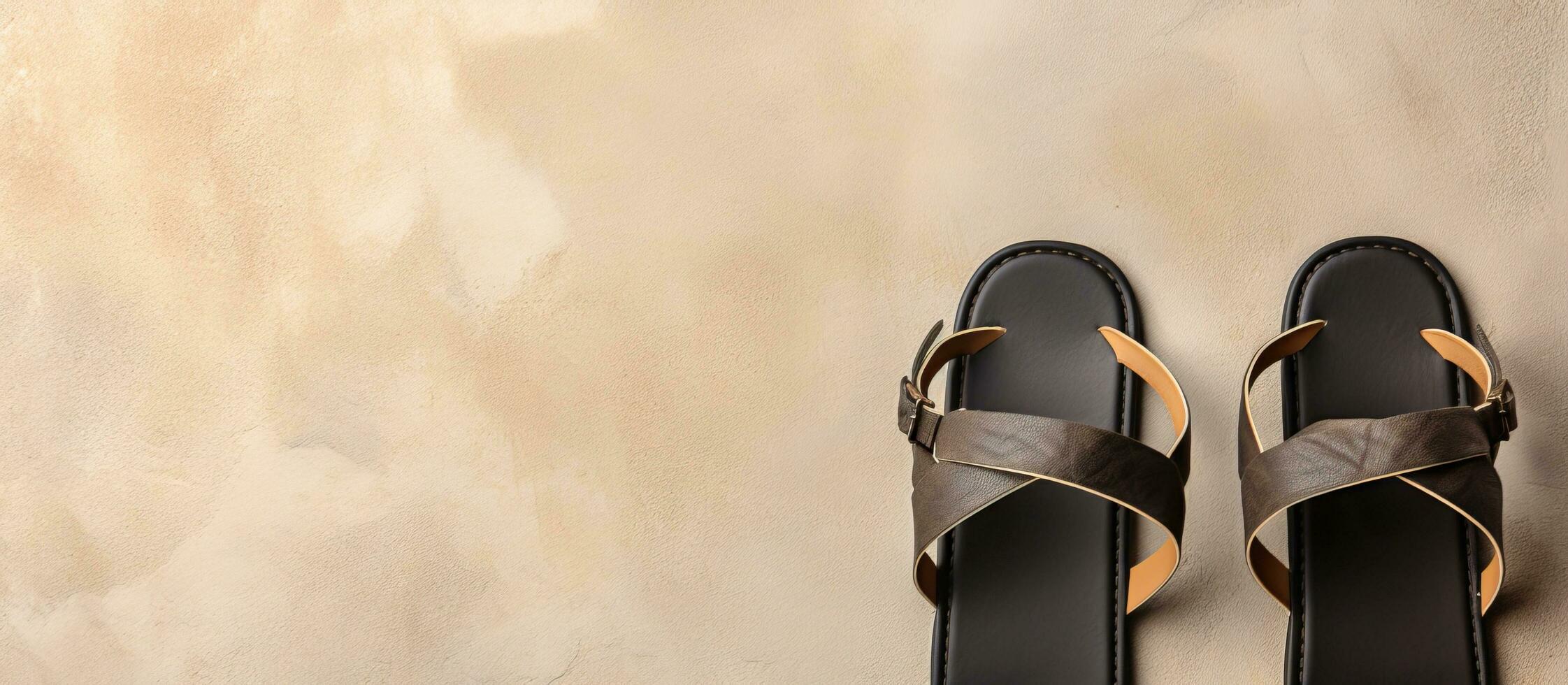 Photo of a pair of brown sandals resting on a wall with ample copy space with copy space