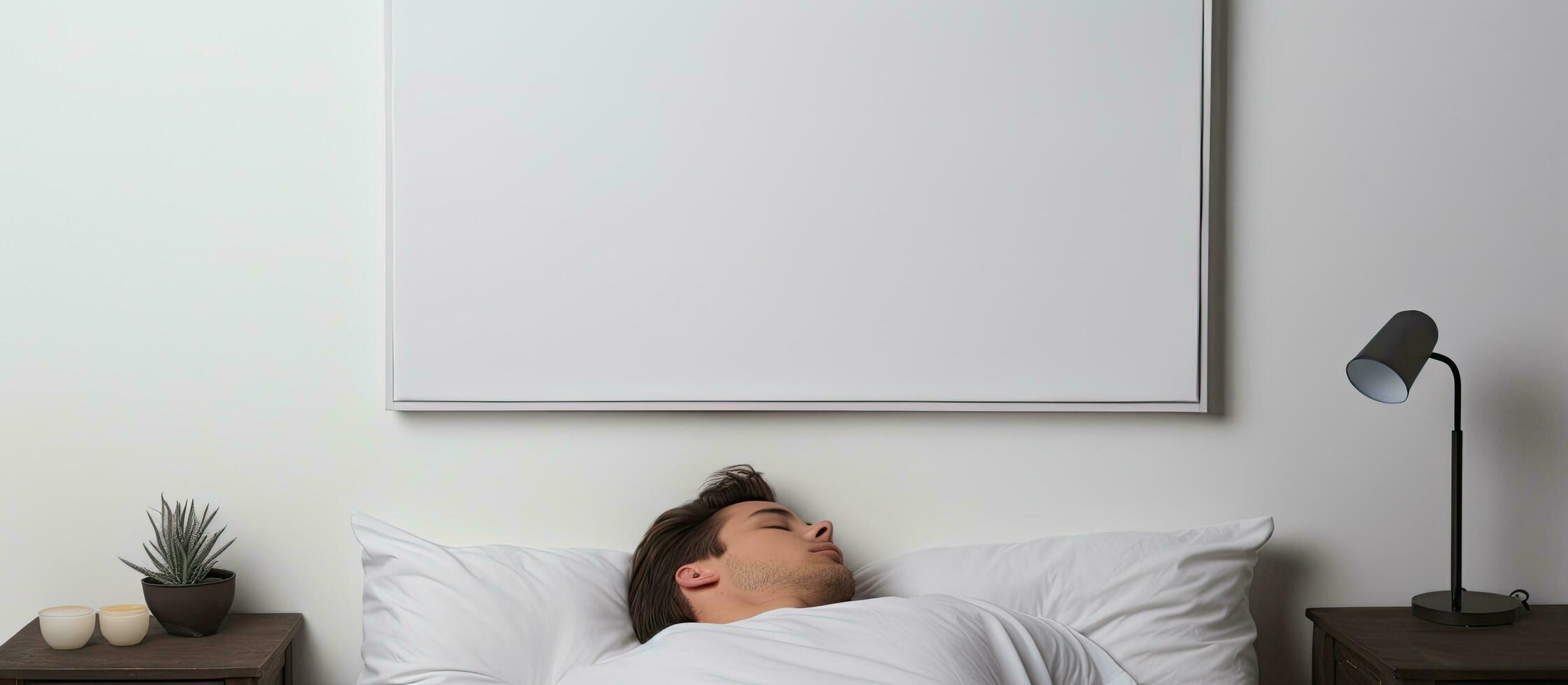 Photo of a man resting peacefully in bed under a soft white blanket with copy space
