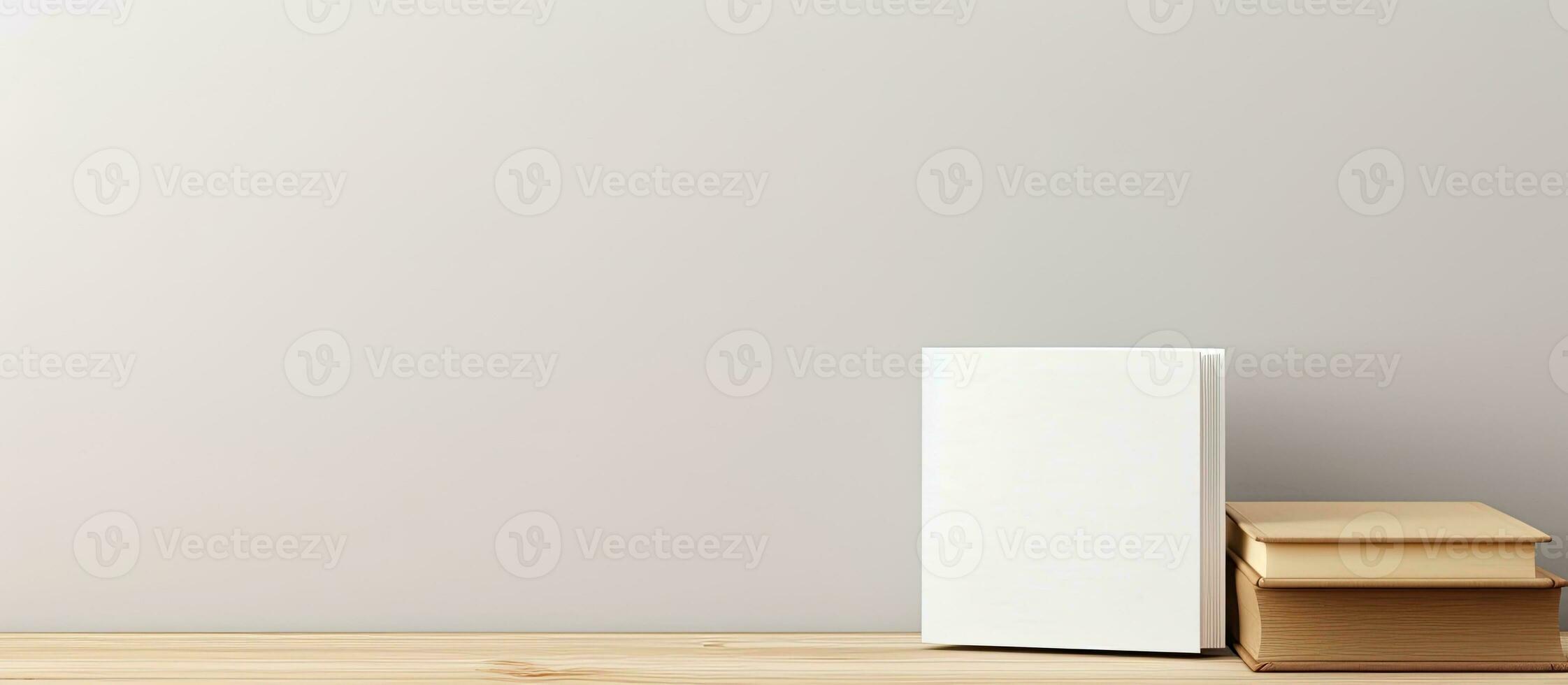 Photo of a white box on a wooden table with empty space for text or design with copy space