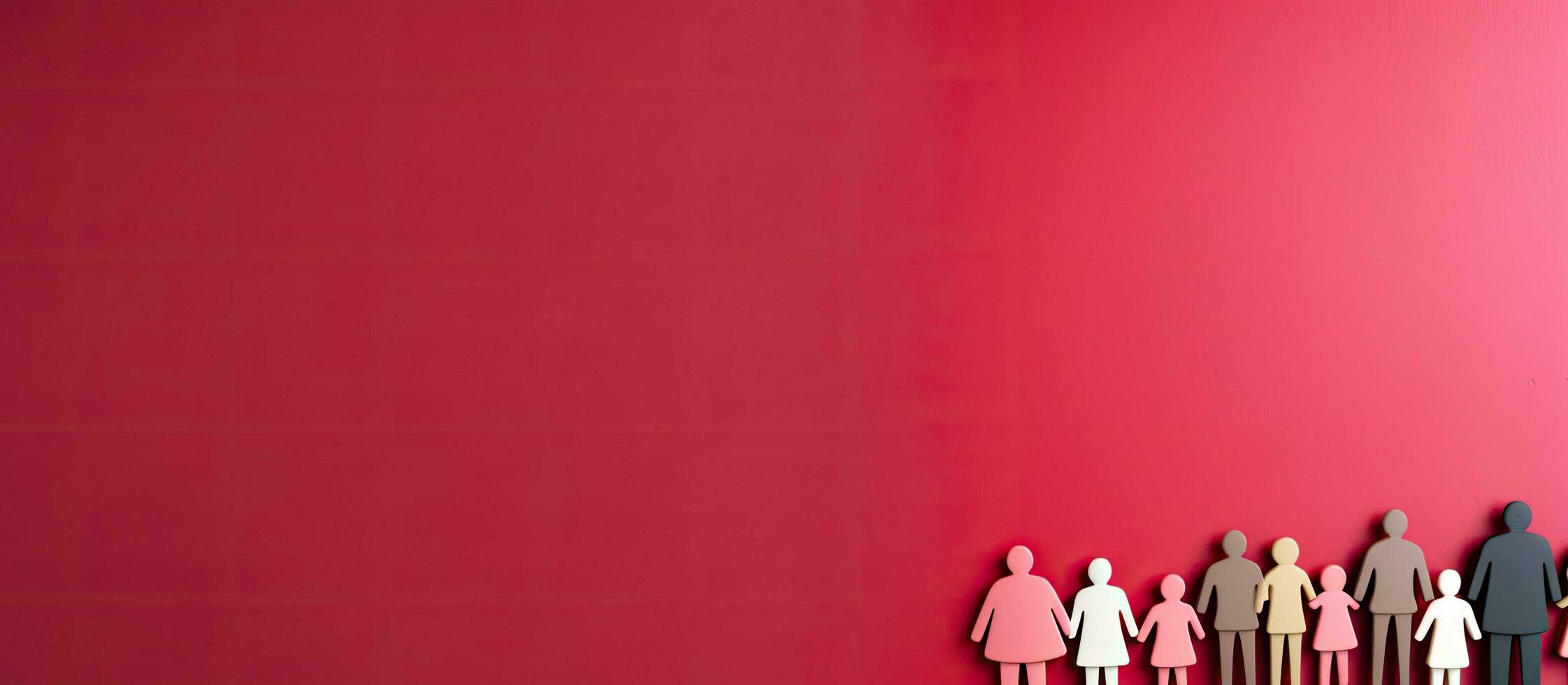 Photo of a group of people posing in front of a vibrant red wall with copy space